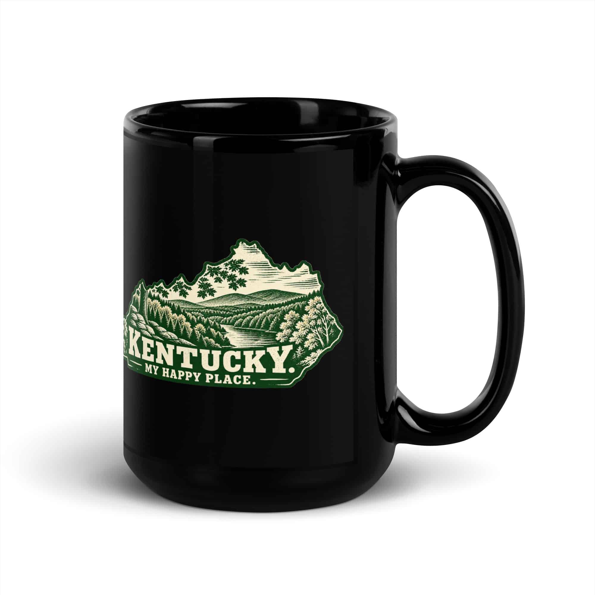 Kentucky Black Coffee Mug: Autumn woodland, Woodcut Kentucky Silhouette