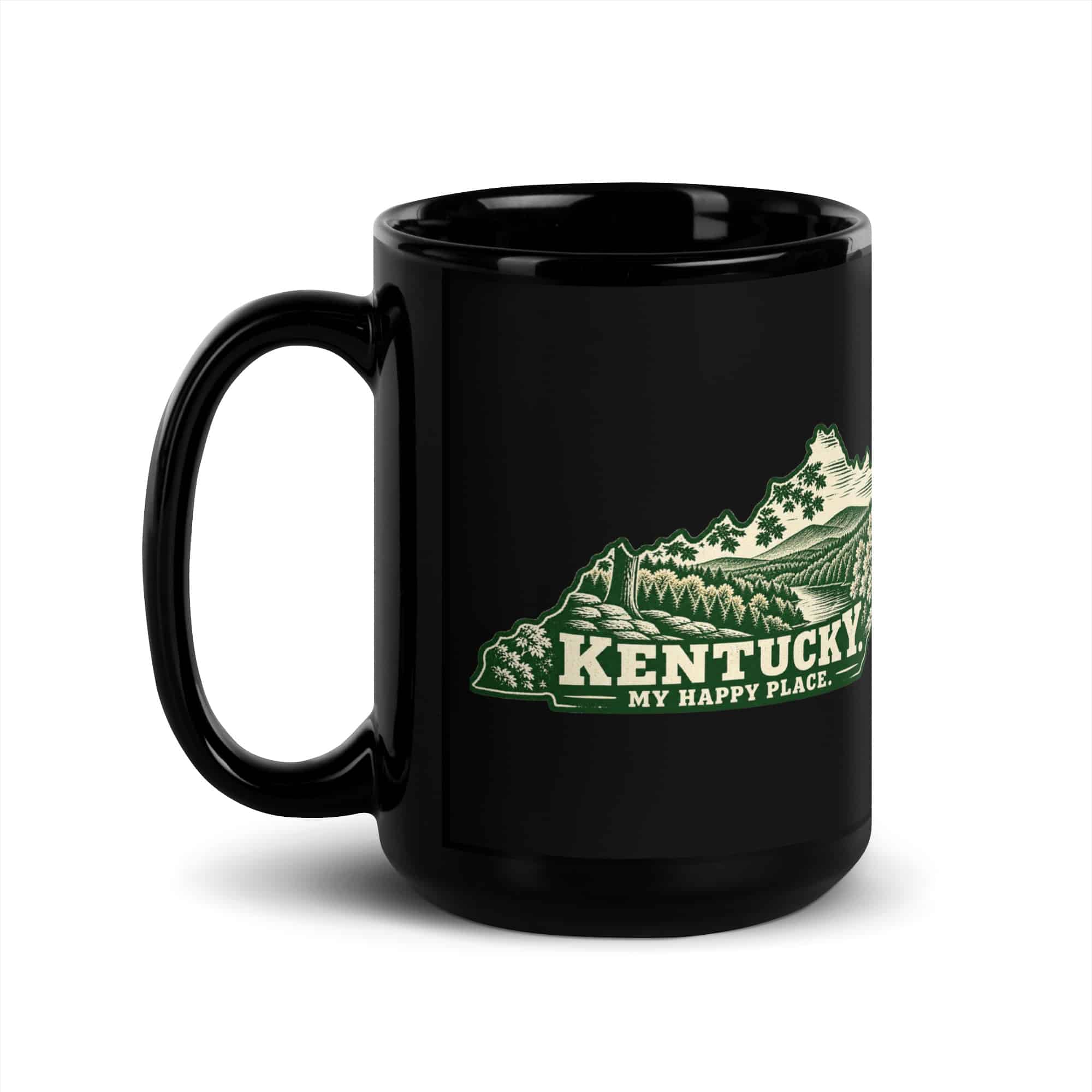 Kentucky Black Coffee Mug: Autumn woodland, Woodcut Kentucky Silhouette