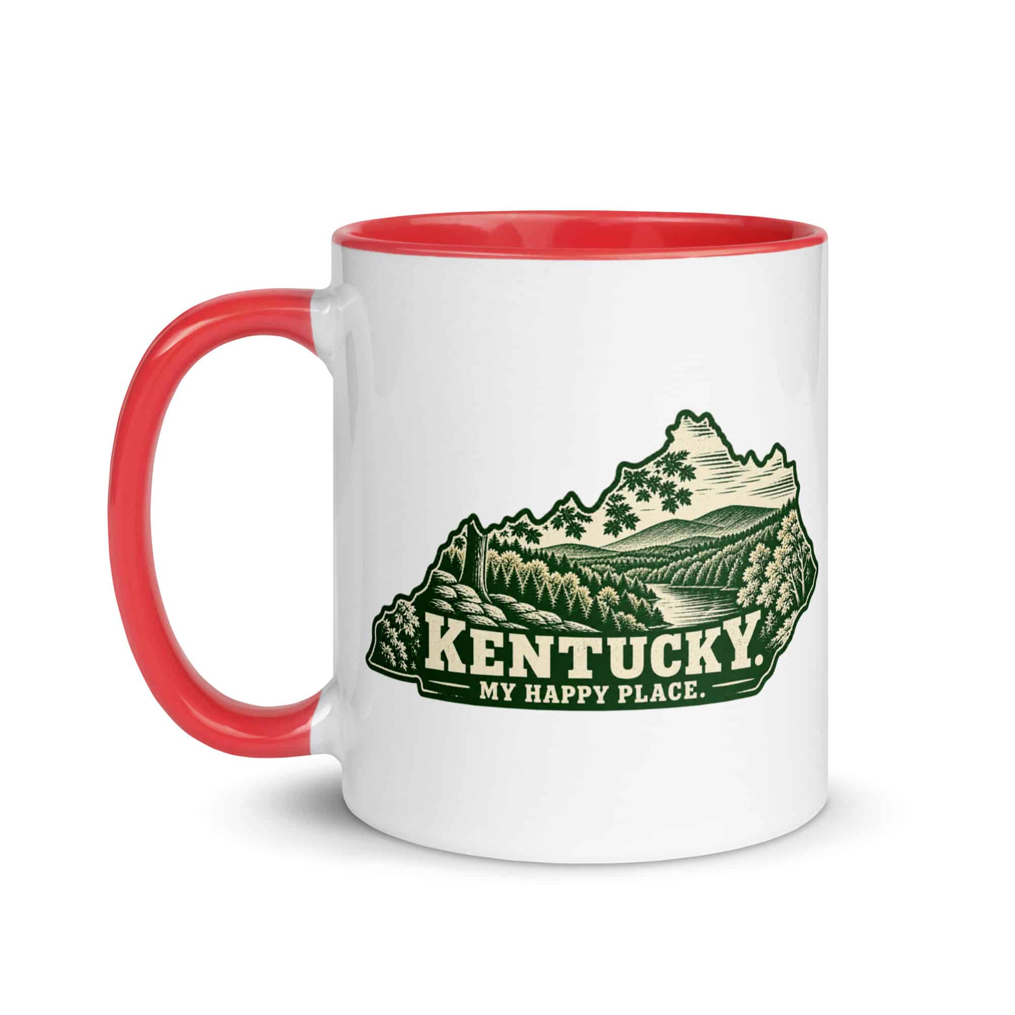 Kentucky Color Inside Coffee Mug: Autumn woodland, Woodcut Kentucky Silhouette