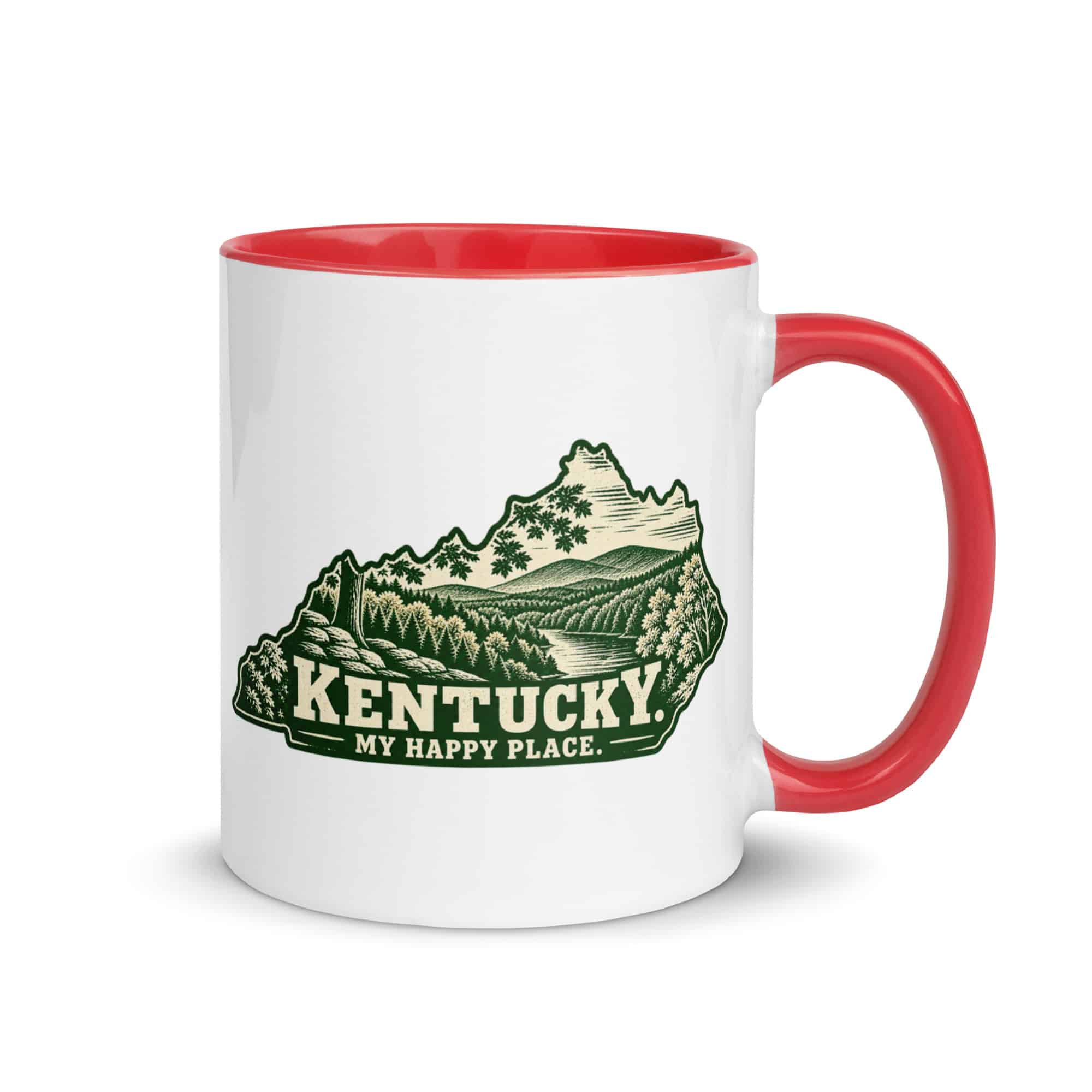 Kentucky Color Inside Coffee Mug: Autumn woodland, Woodcut Kentucky Silhouette