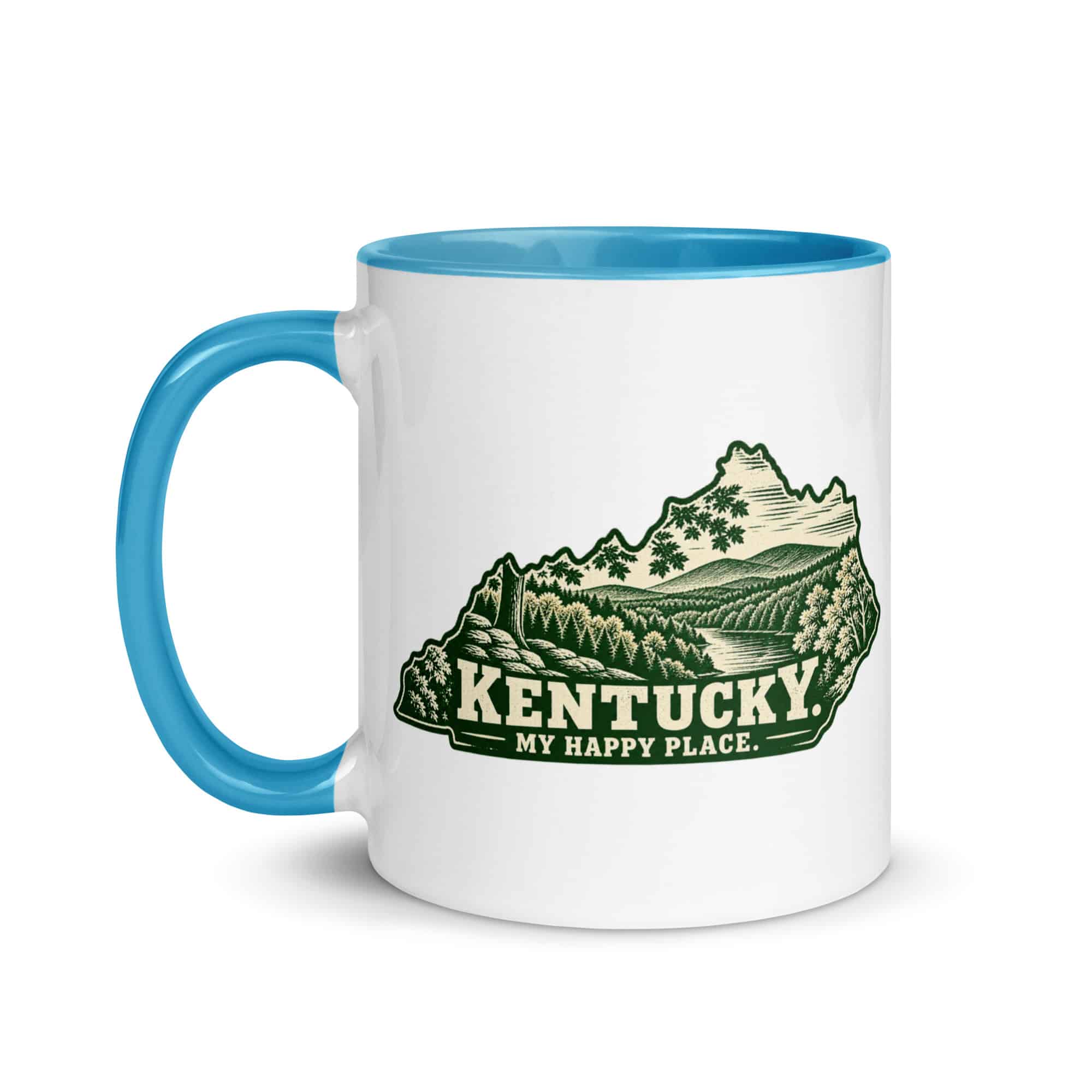 Kentucky Color Inside Coffee Mug: Autumn woodland, Woodcut Kentucky Silhouette