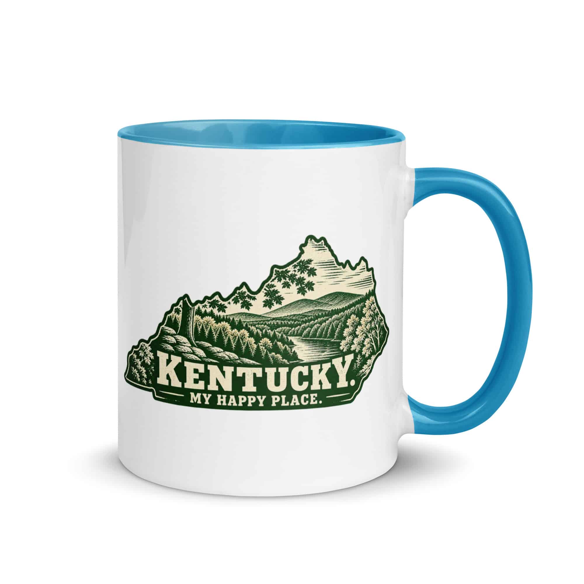 Kentucky Color Inside Coffee Mug: Autumn woodland, Woodcut Kentucky Silhouette