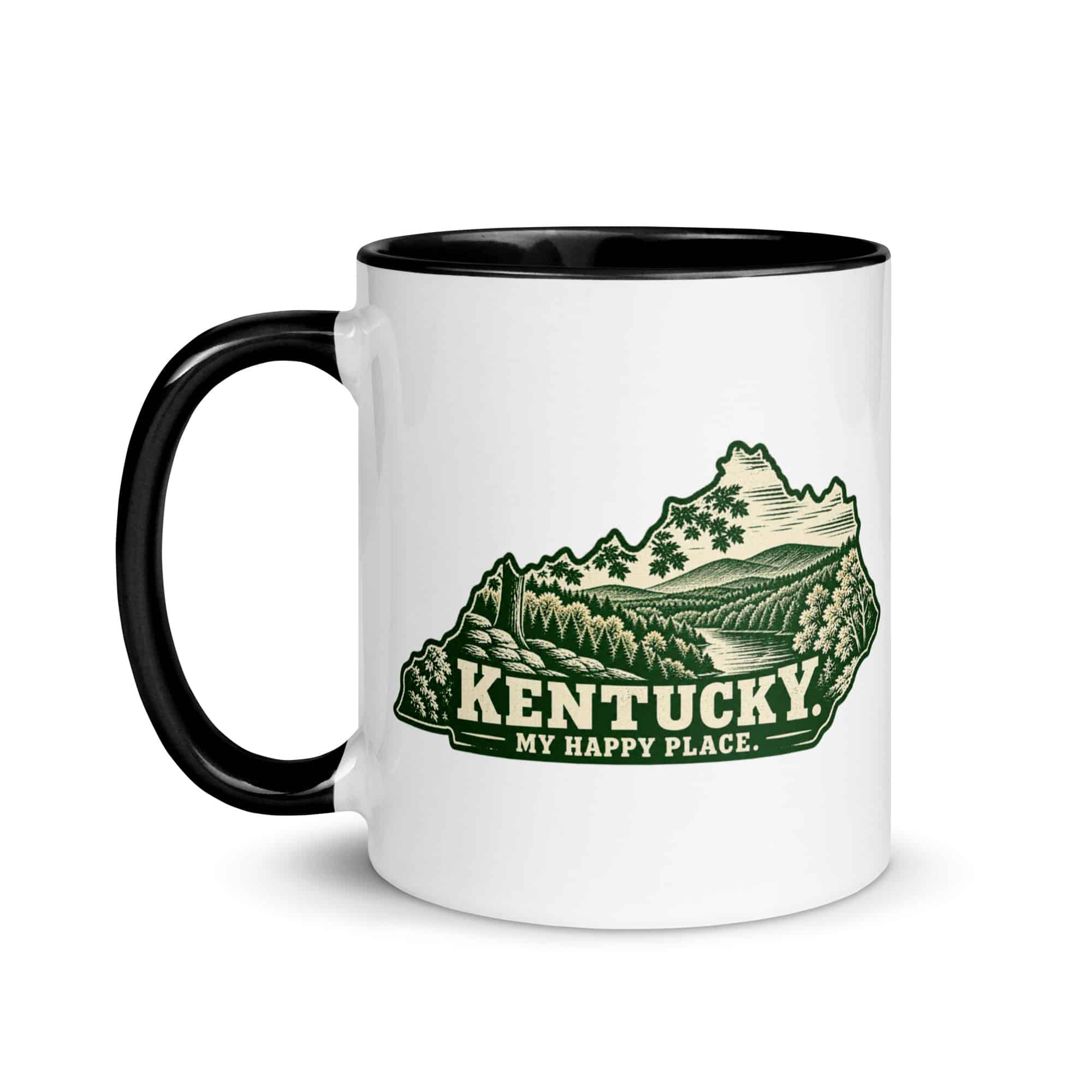 Kentucky Color Inside Coffee Mug: Autumn woodland, Woodcut Kentucky Silhouette