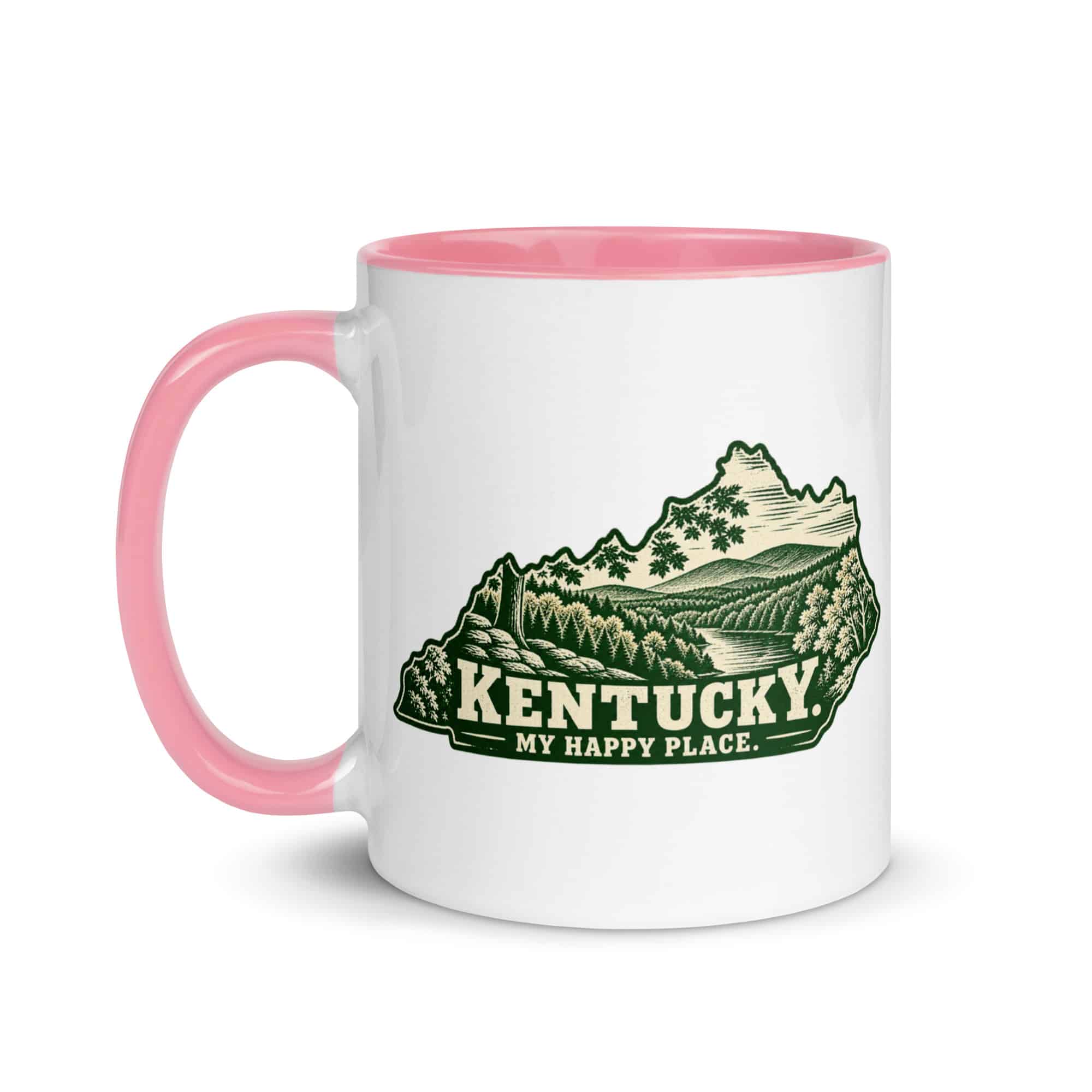 Kentucky Color Inside Coffee Mug: Autumn woodland, Woodcut Kentucky Silhouette