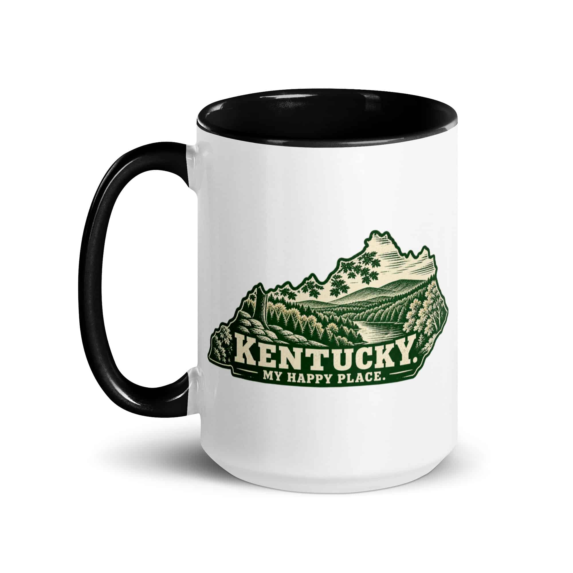 Kentucky Color Inside Coffee Mug: Autumn woodland, Woodcut Kentucky Silhouette