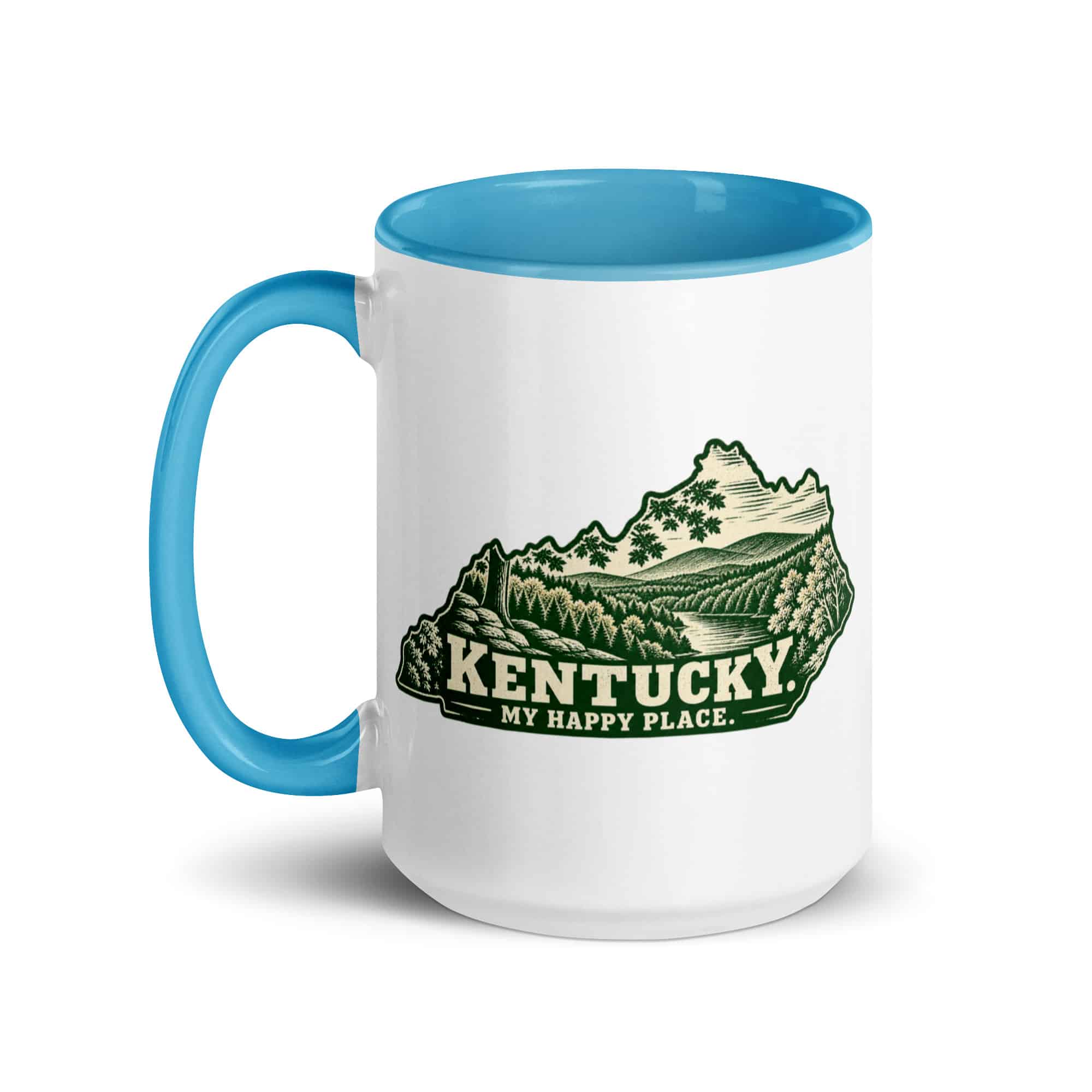 Kentucky Color Inside Coffee Mug: Autumn woodland, Woodcut Kentucky Silhouette
