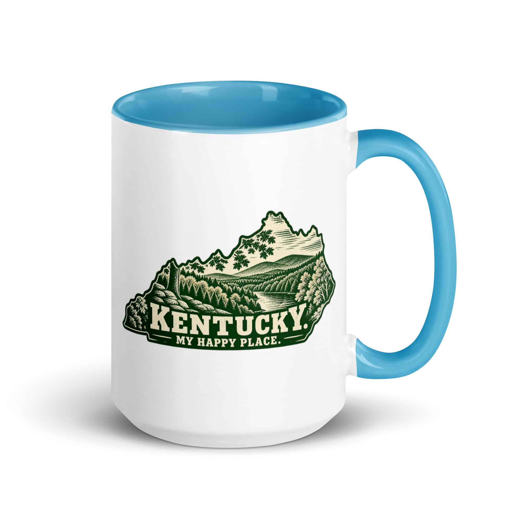 Kentucky Color Inside Coffee Mug: Autumn woodland, Woodcut Kentucky Silhouette