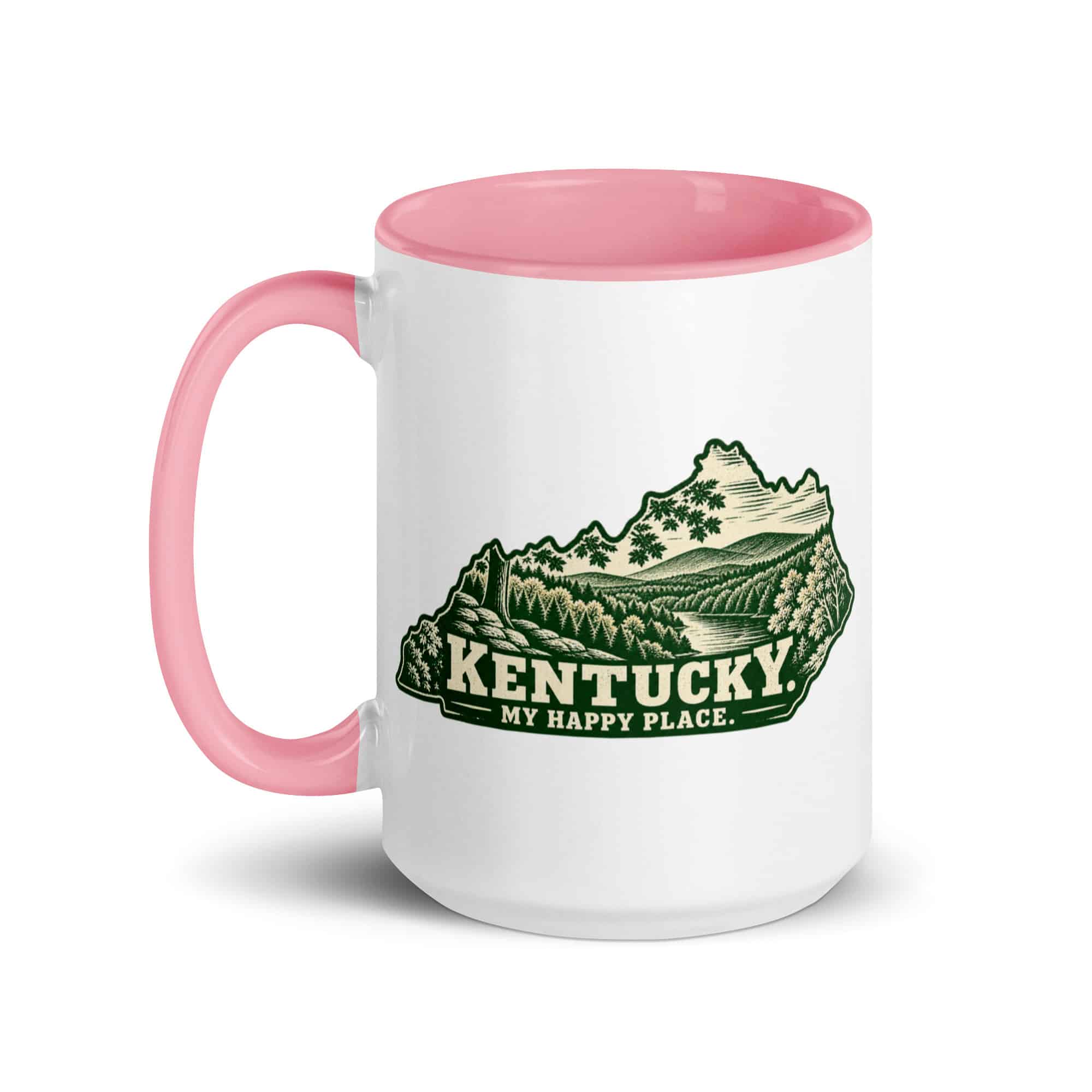 Kentucky Color Inside Coffee Mug: Autumn woodland, Woodcut Kentucky Silhouette