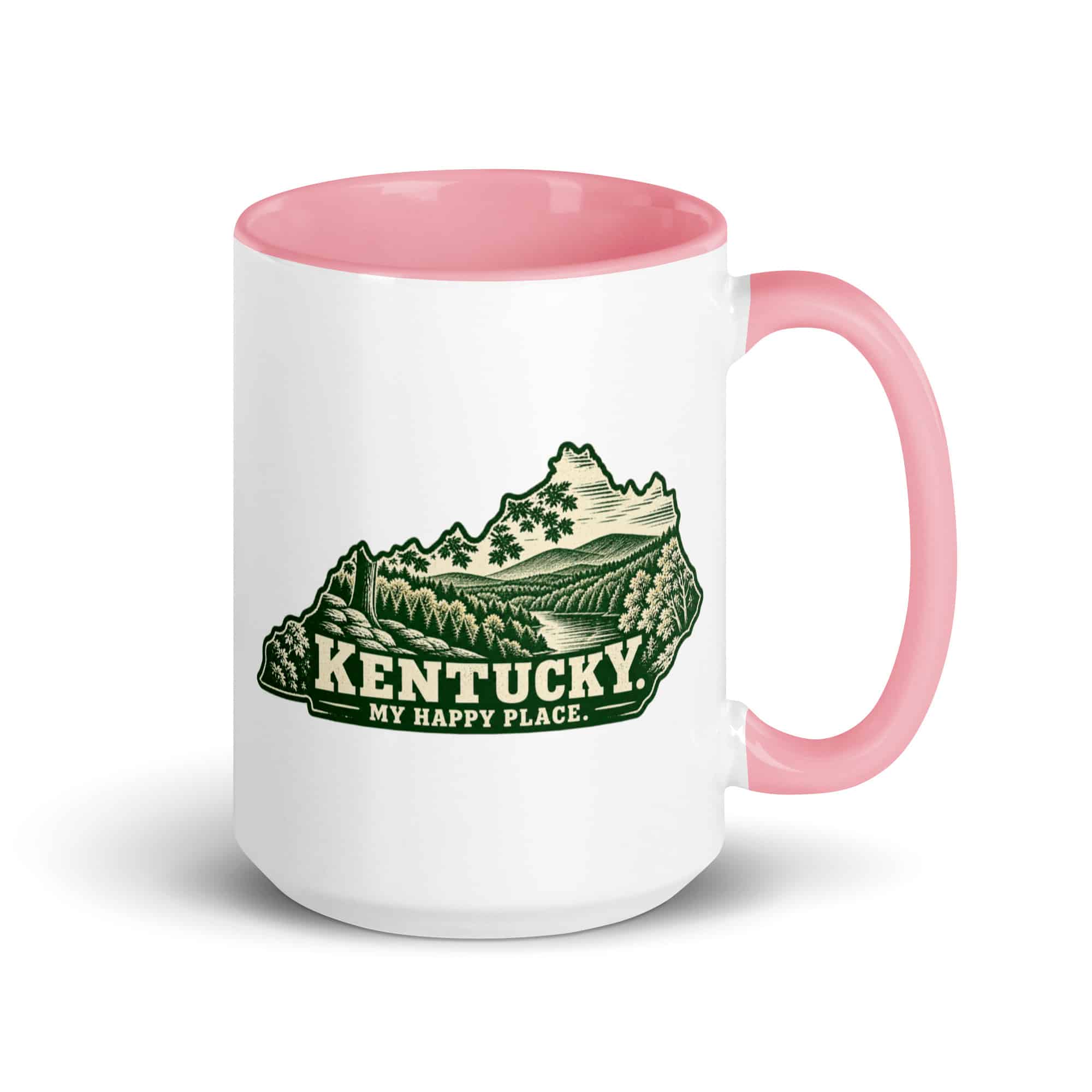 Kentucky Color Inside Coffee Mug: Autumn woodland, Woodcut Kentucky Silhouette