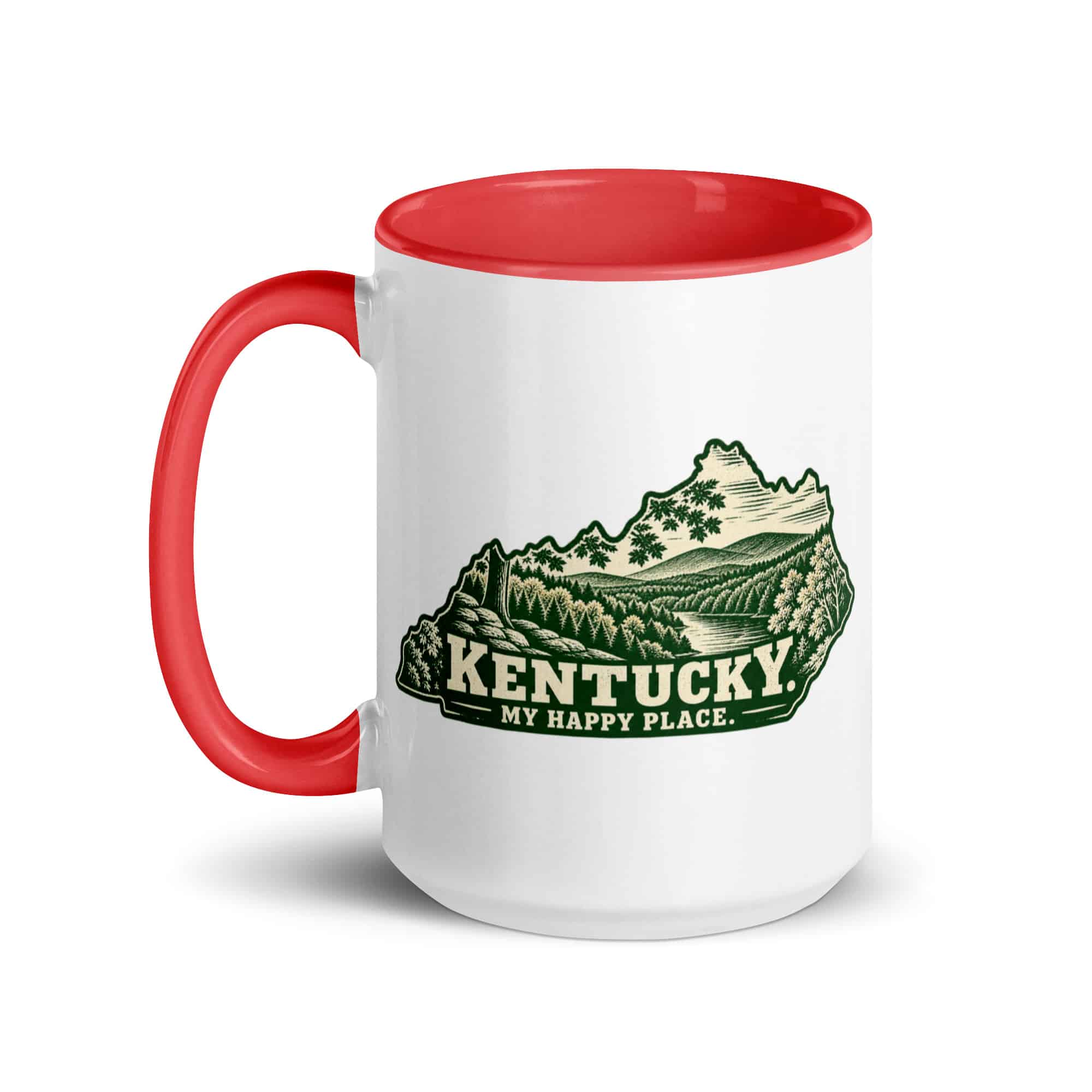 Kentucky Color Inside Coffee Mug: Autumn woodland, Woodcut Kentucky Silhouette