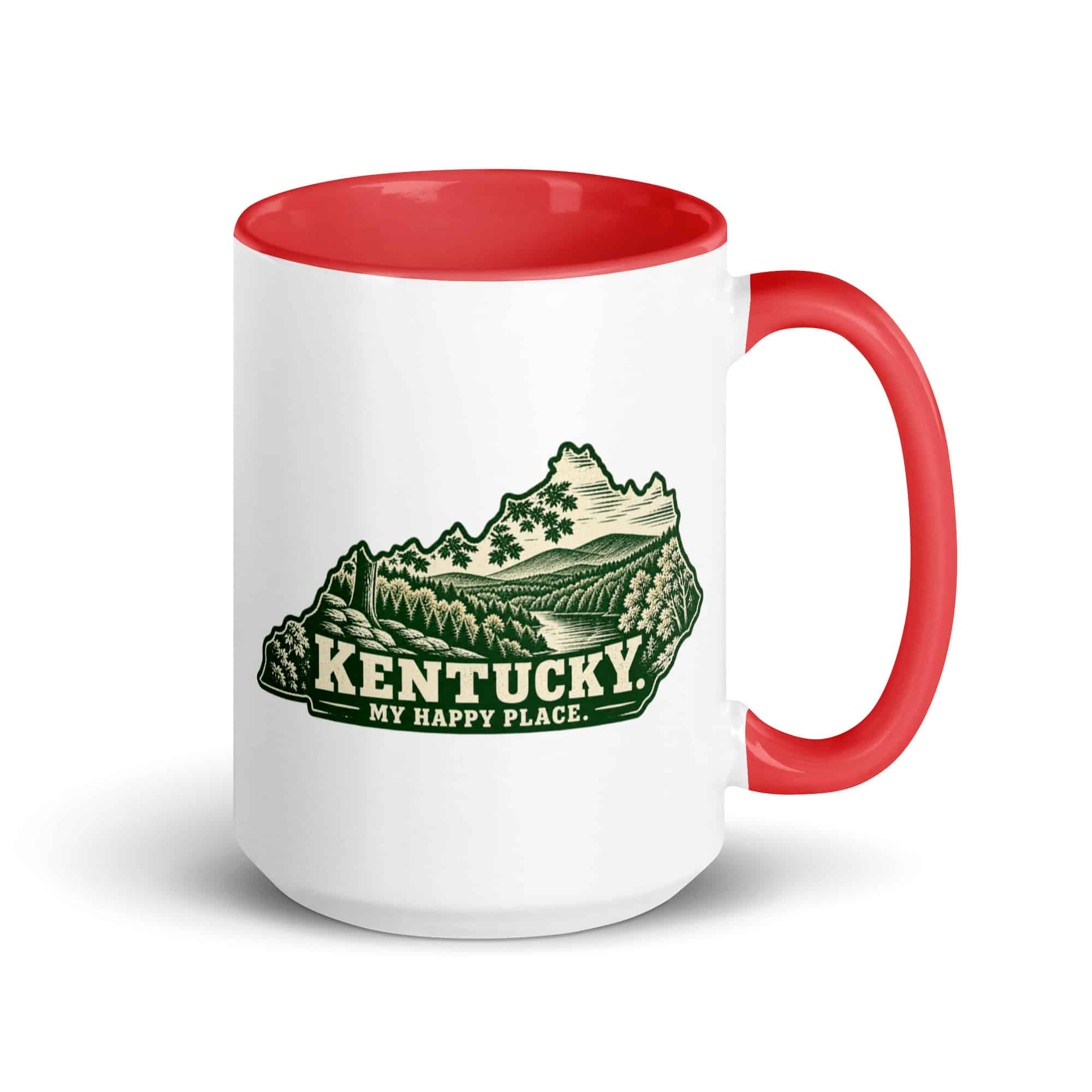 Kentucky Color Inside Coffee Mug: Autumn woodland, Woodcut Kentucky Silhouette