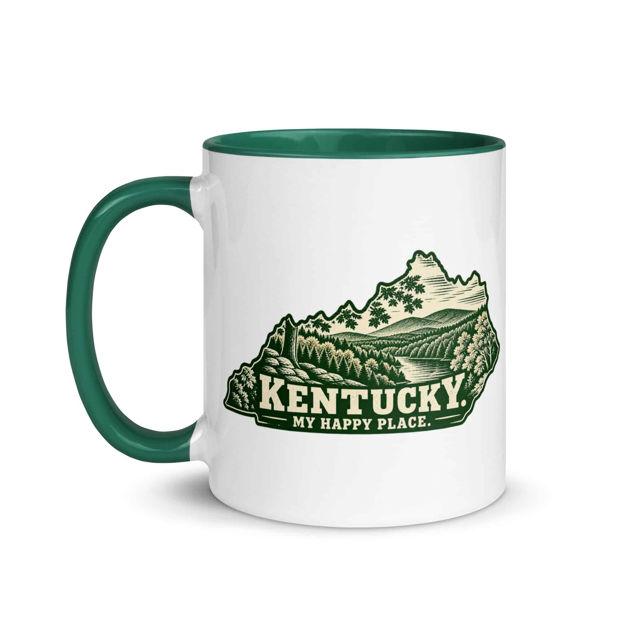 Kentucky Color Inside Coffee Mug: Autumn woodland, Woodcut Kentucky Silhouette