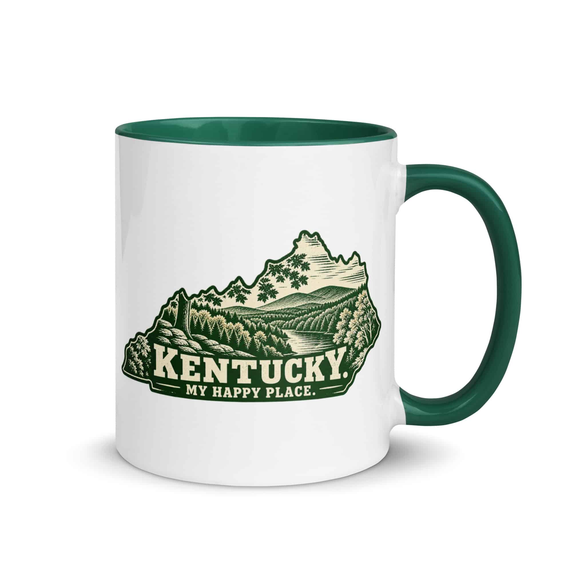 Kentucky Color Inside Coffee Mug: Autumn woodland, Woodcut Kentucky Silhouette