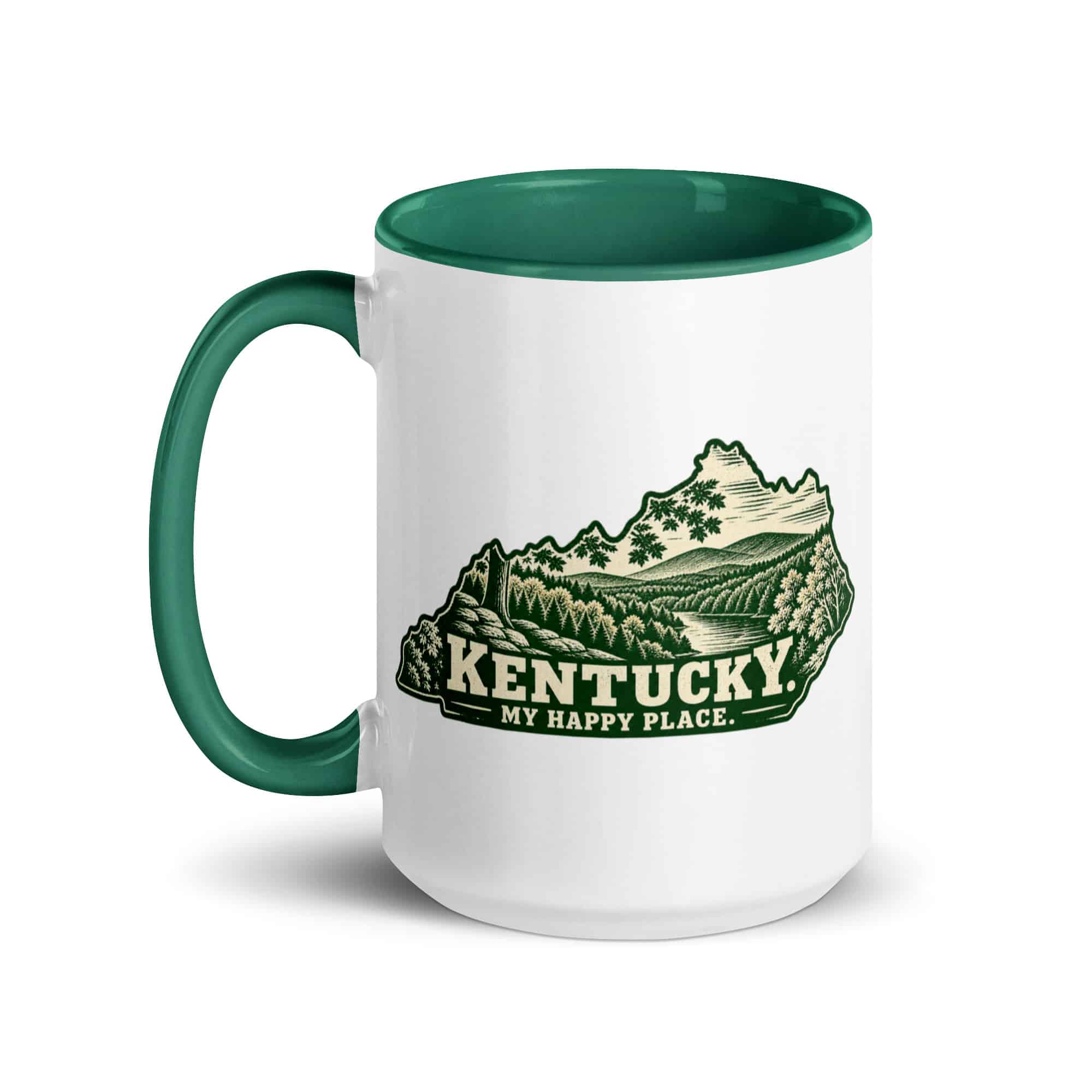 Kentucky Color Inside Coffee Mug: Autumn woodland, Woodcut Kentucky Silhouette