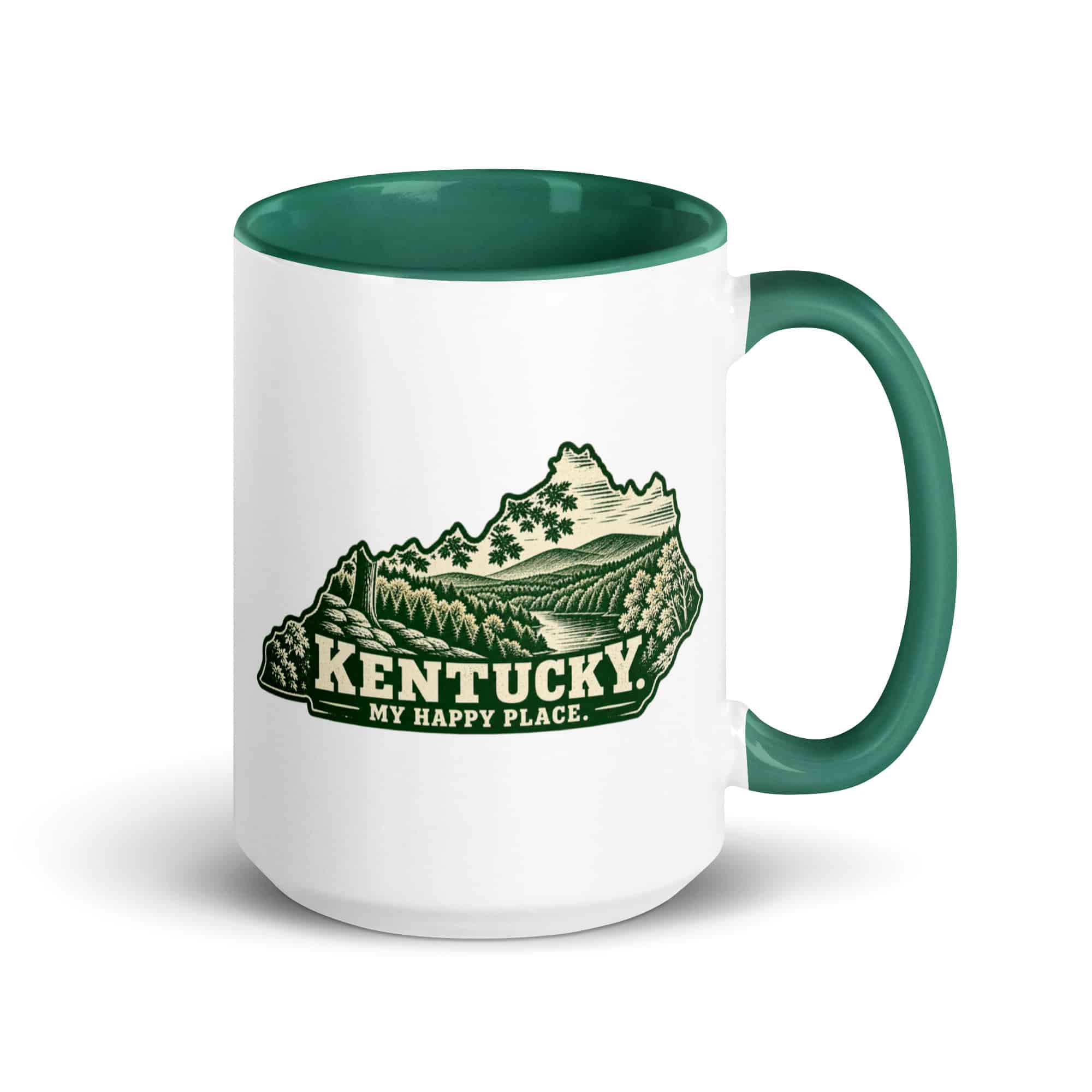 Kentucky Color Inside Coffee Mug: Autumn woodland, Woodcut Kentucky Silhouette