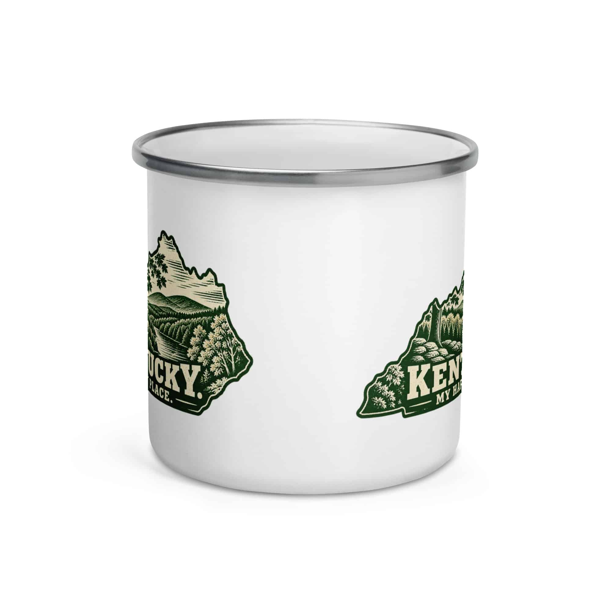 Kentucky Enamel Camp Mug: Autumn woodland, Woodcut Kentucky Silhouette