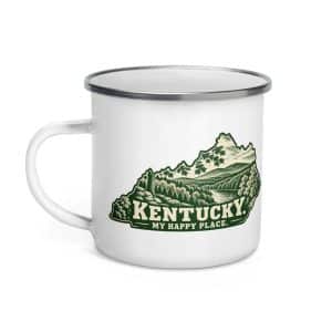 Kentucky Enamel Camp Mug: Autumn woodland, Woodcut Kentucky Silhouette - 12 oz - Left