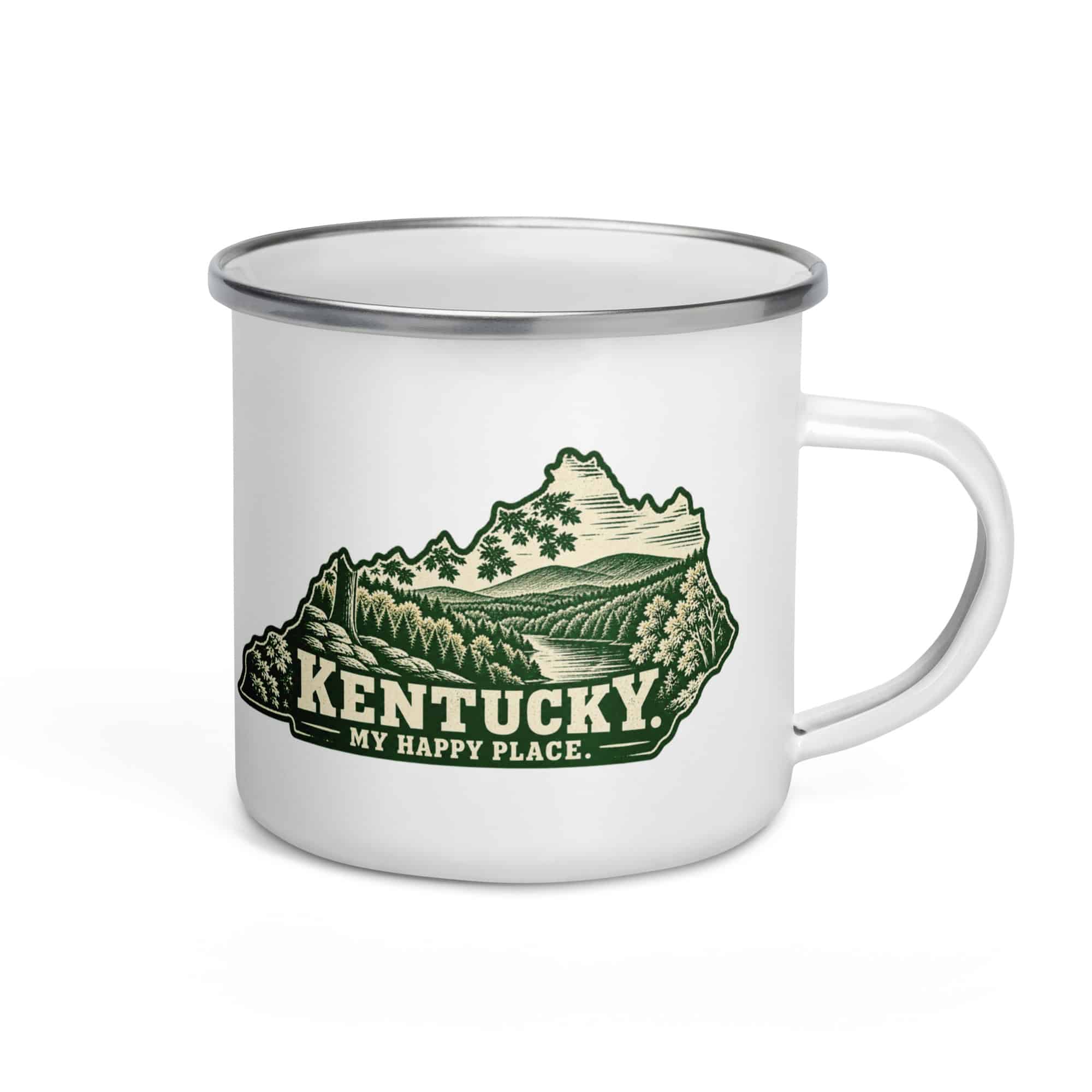 Kentucky Enamel Camp Mug: Autumn woodland, Woodcut Kentucky Silhouette