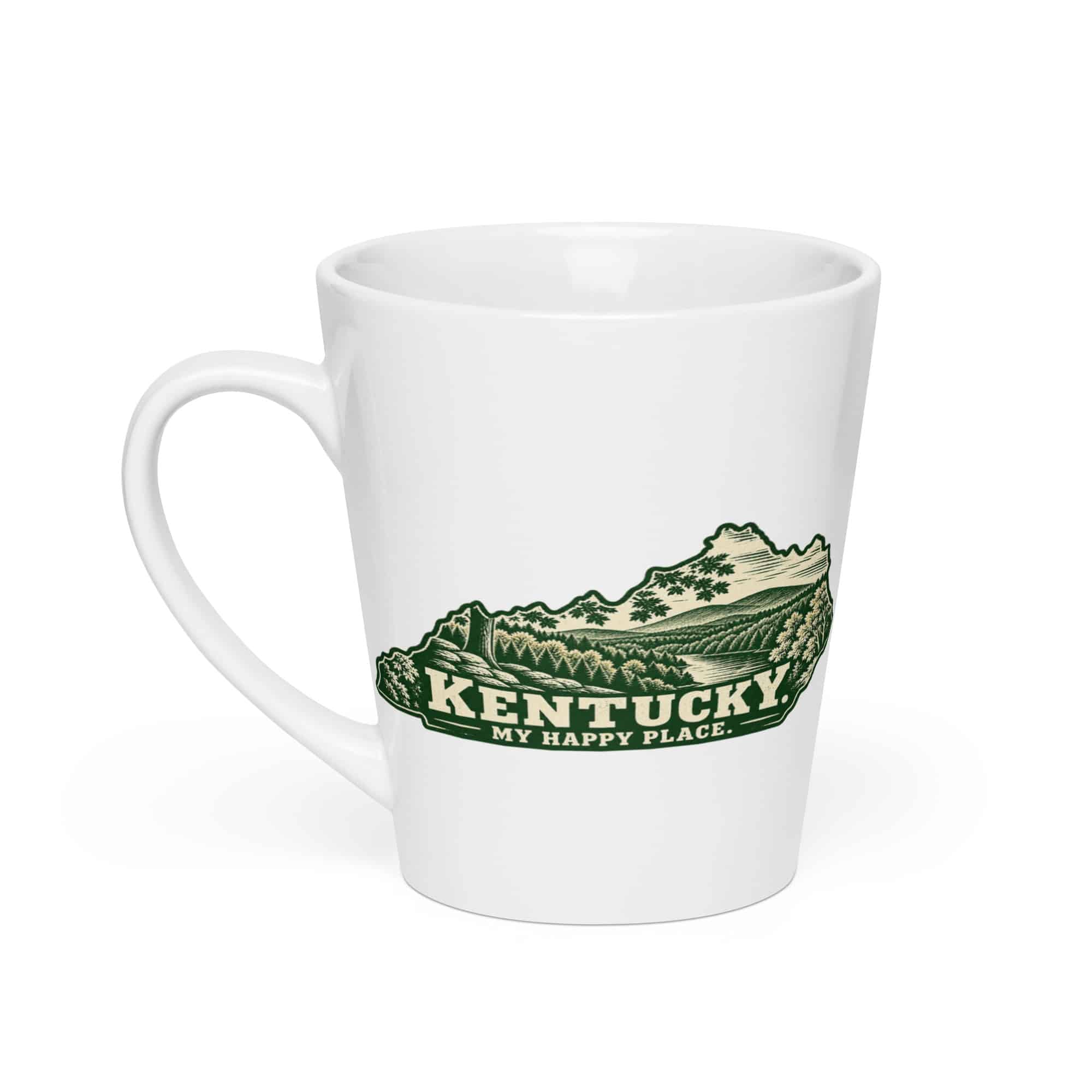 Kentucky Latte Mug: Autumn woodland, Woodcut Kentucky Silhouette
