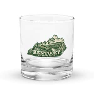 Kentucky Rocks Glass: Autumn woodland, Woodcut Kentucky Silhouette - 10.5 oz - Main