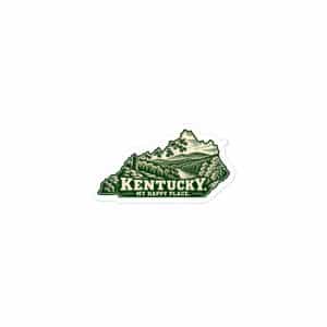Kentucky Vinyl Sticker: Autumn woodland, Woodcut Kentucky Silhouette - 3″×3″ - Main