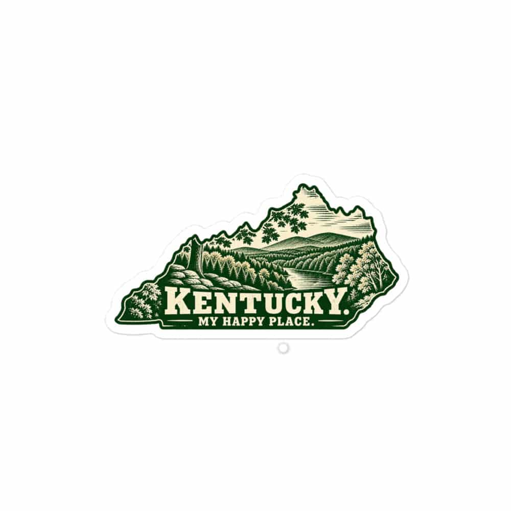 Kentucky Vinyl Sticker: Autumn woodland, Woodcut Kentucky Silhouette
