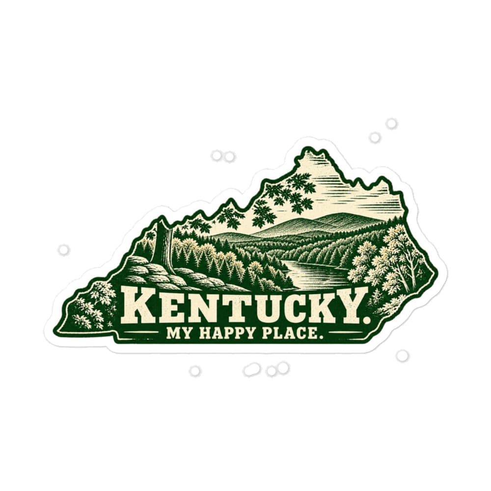 Kentucky Vinyl Sticker: Autumn woodland, Woodcut Kentucky Silhouette
