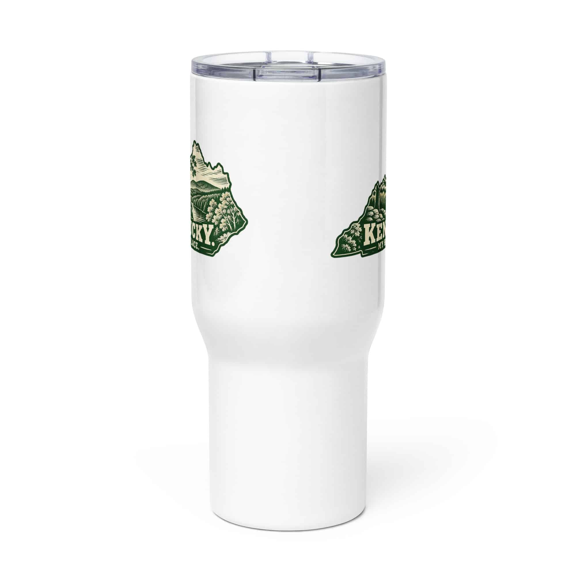 Kentucky Travel Mug: Autumn woodland, Woodcut Kentucky Silhouette