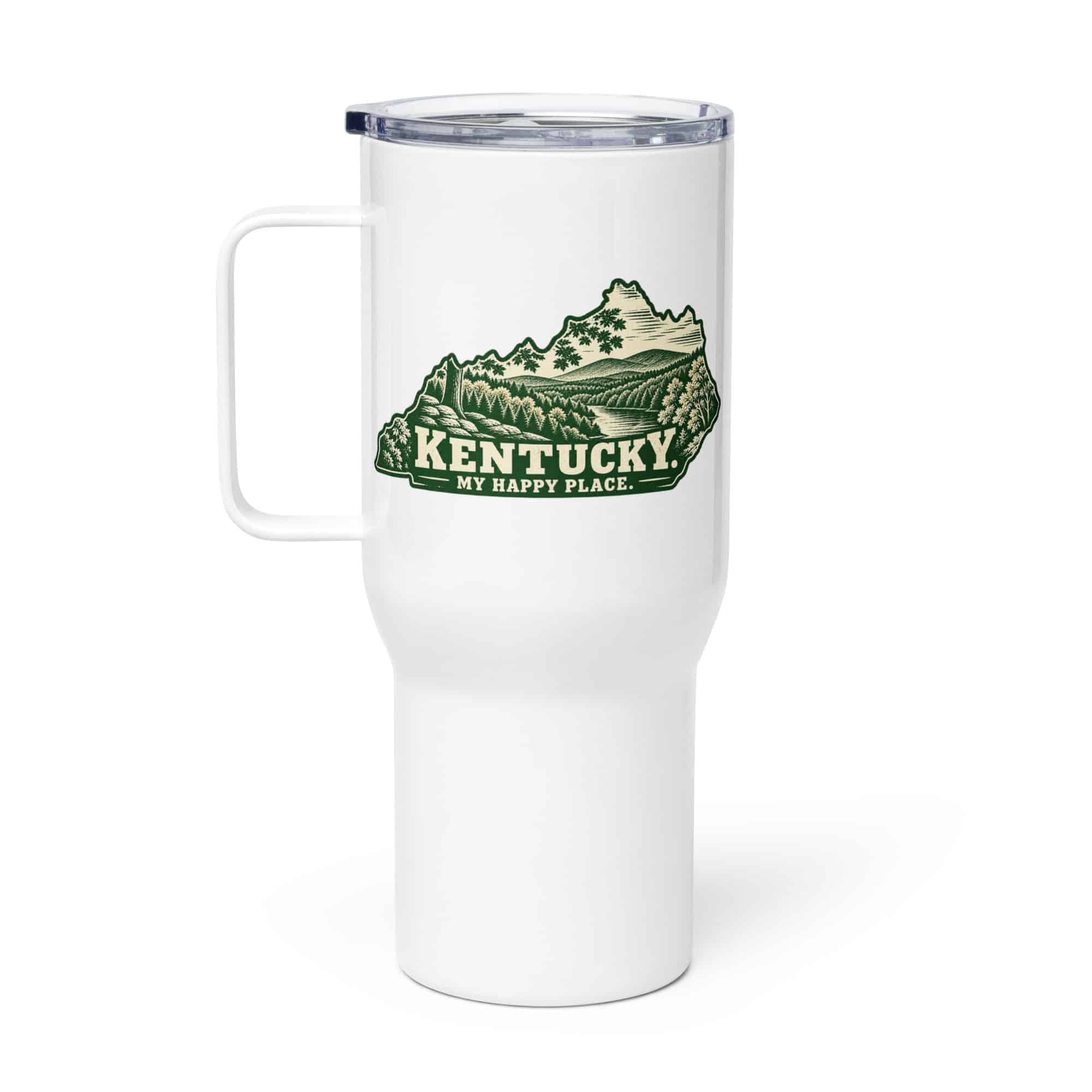 Kentucky Travel Mug: Autumn woodland, Woodcut Kentucky Silhouette