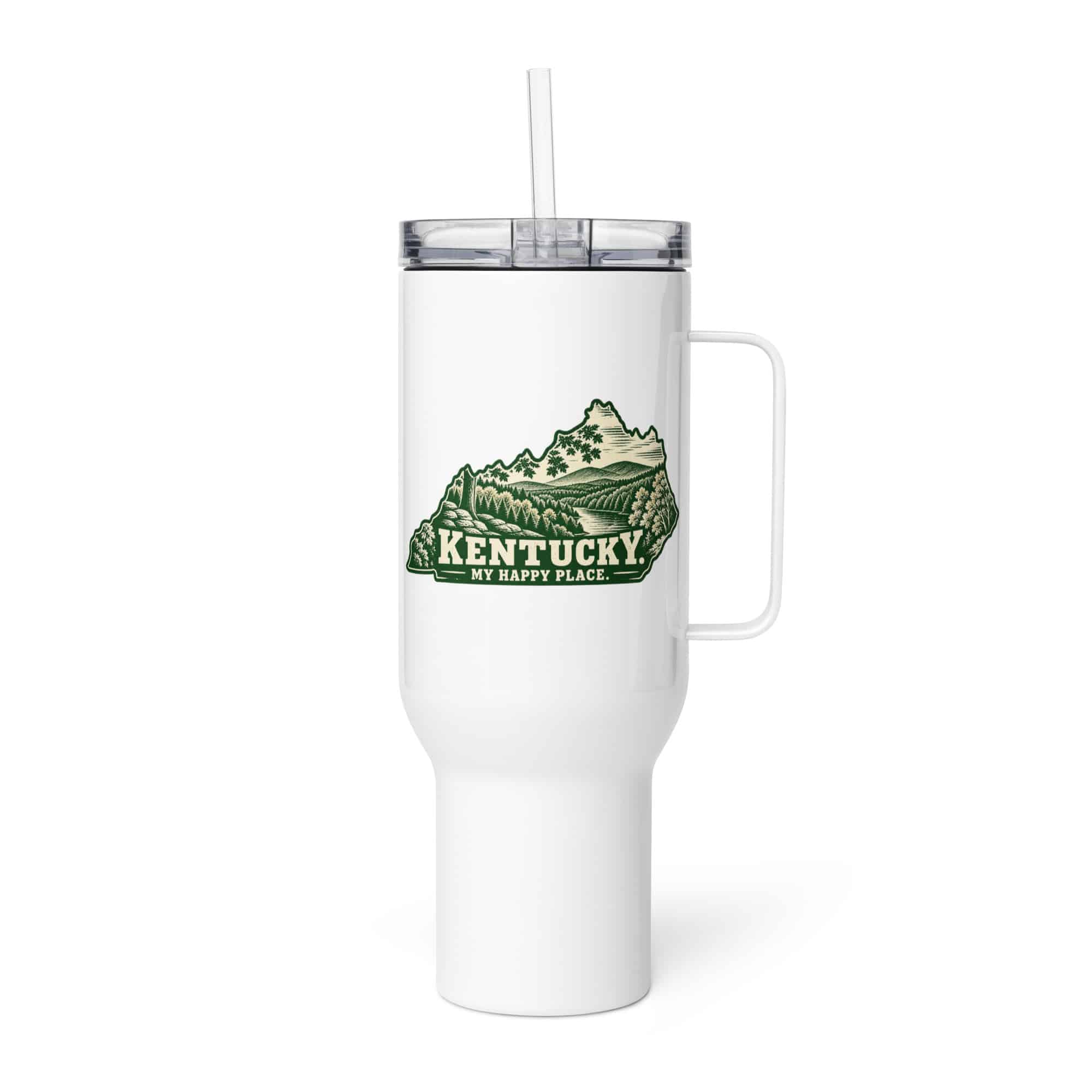 Kentucky Travel Mug: Autumn woodland, Woodcut Kentucky Silhouette