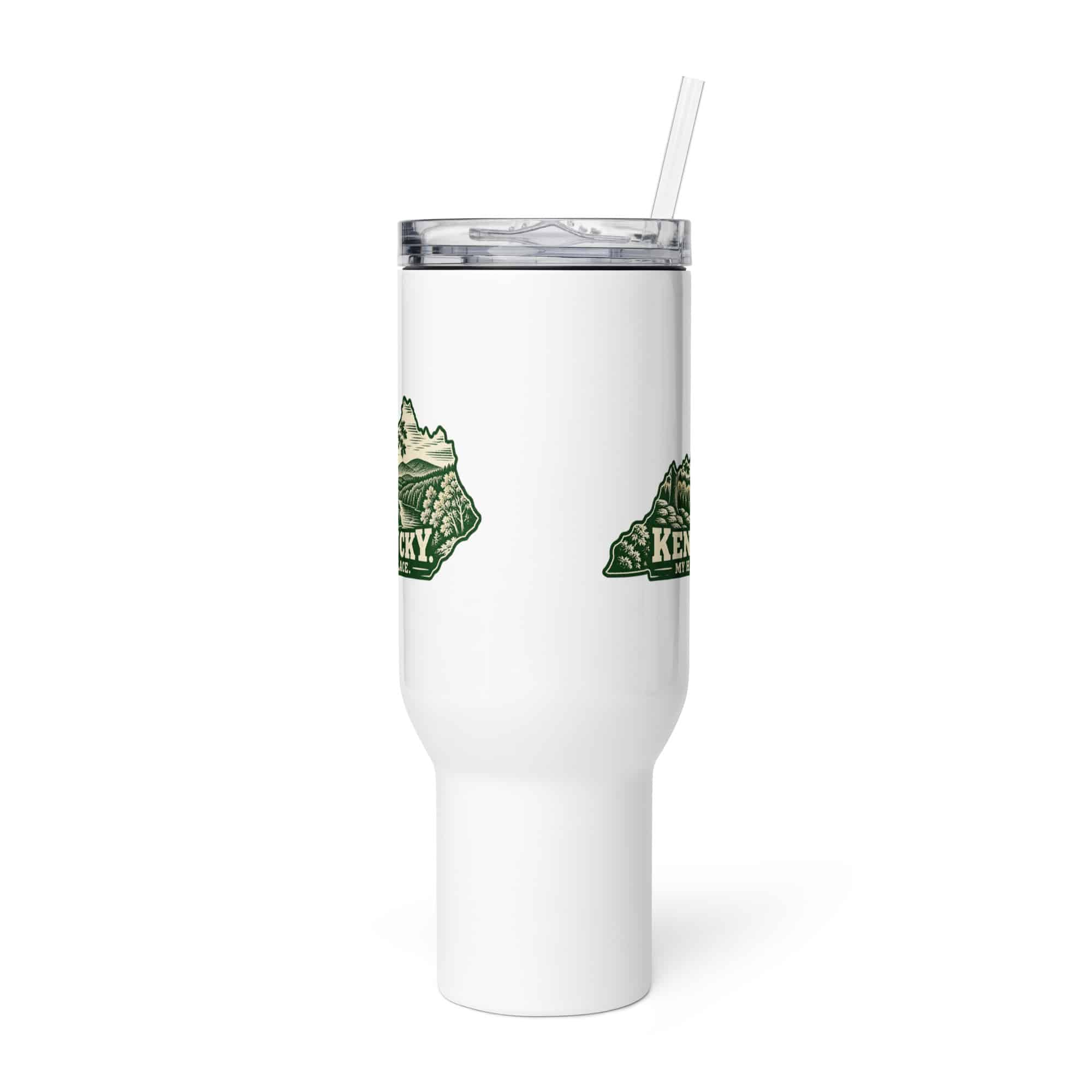 Kentucky Travel Mug: Autumn woodland, Woodcut Kentucky Silhouette