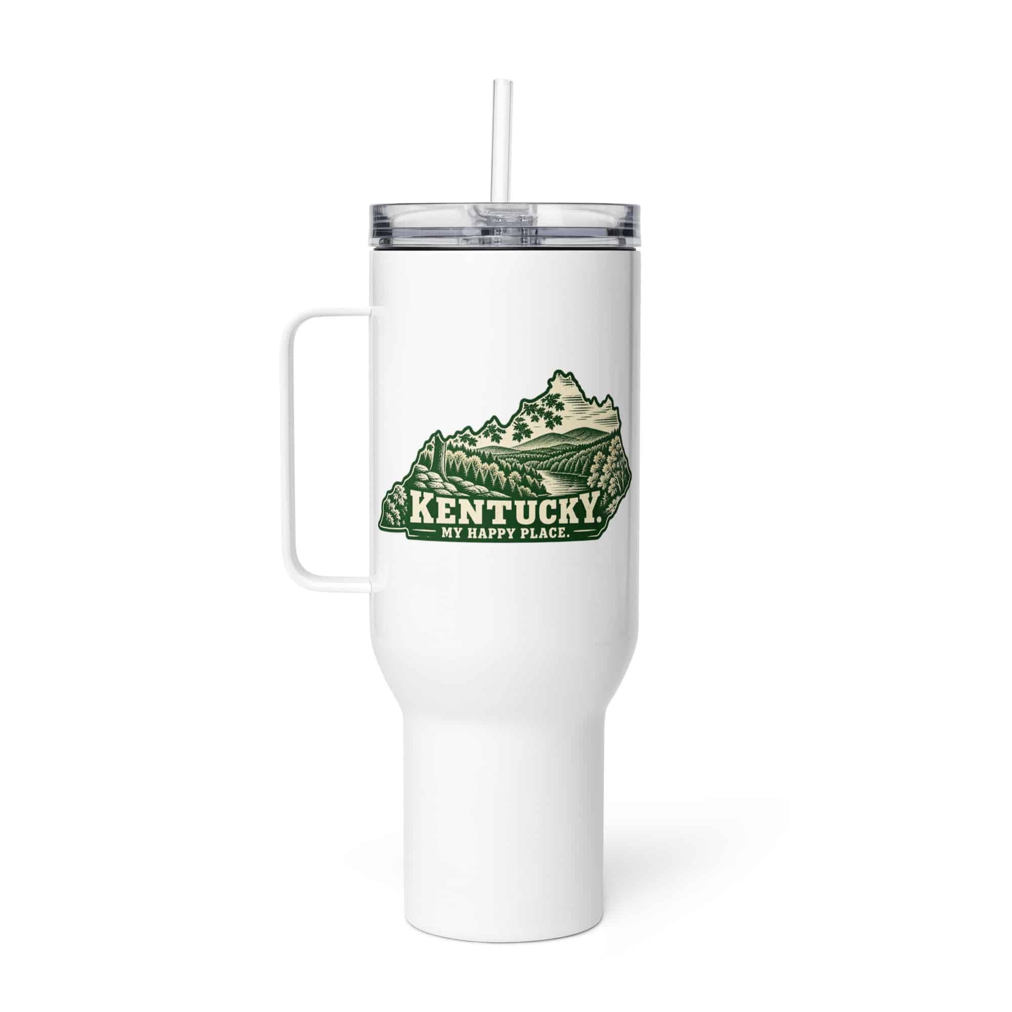 Kentucky Travel Mug: Autumn woodland, Woodcut Kentucky Silhouette