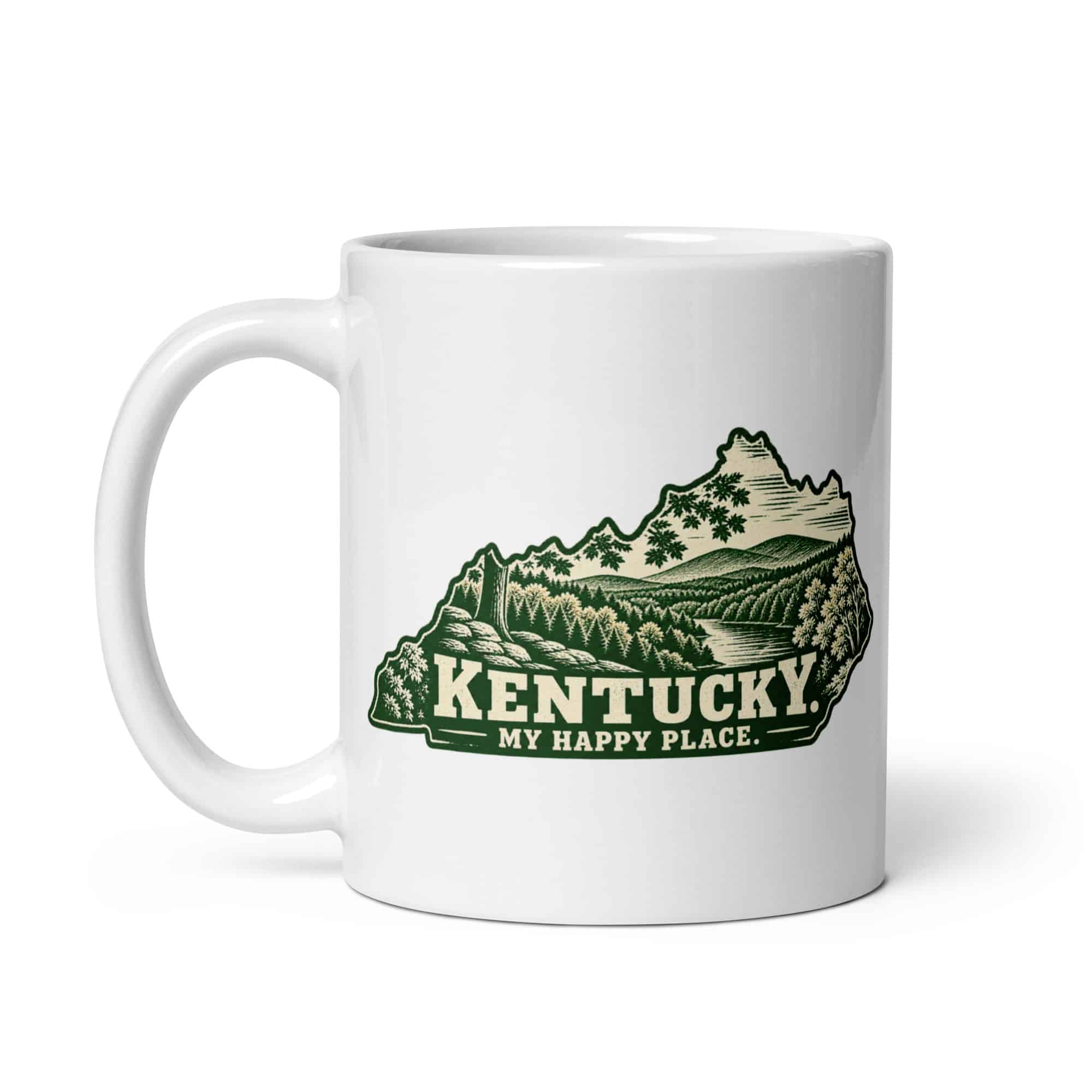 Kentucky White Ceramic Coffee Mug: Autumn woodland, Woodcut Kentucky Silhouette
