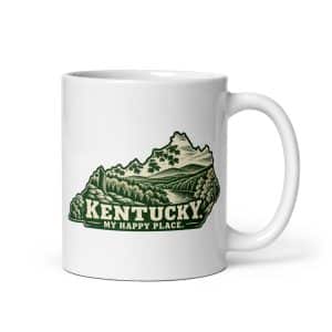 Kentucky White Ceramic Coffee Mug: Autumn woodland, Woodcut Kentucky Silhouette - 11 oz - Main