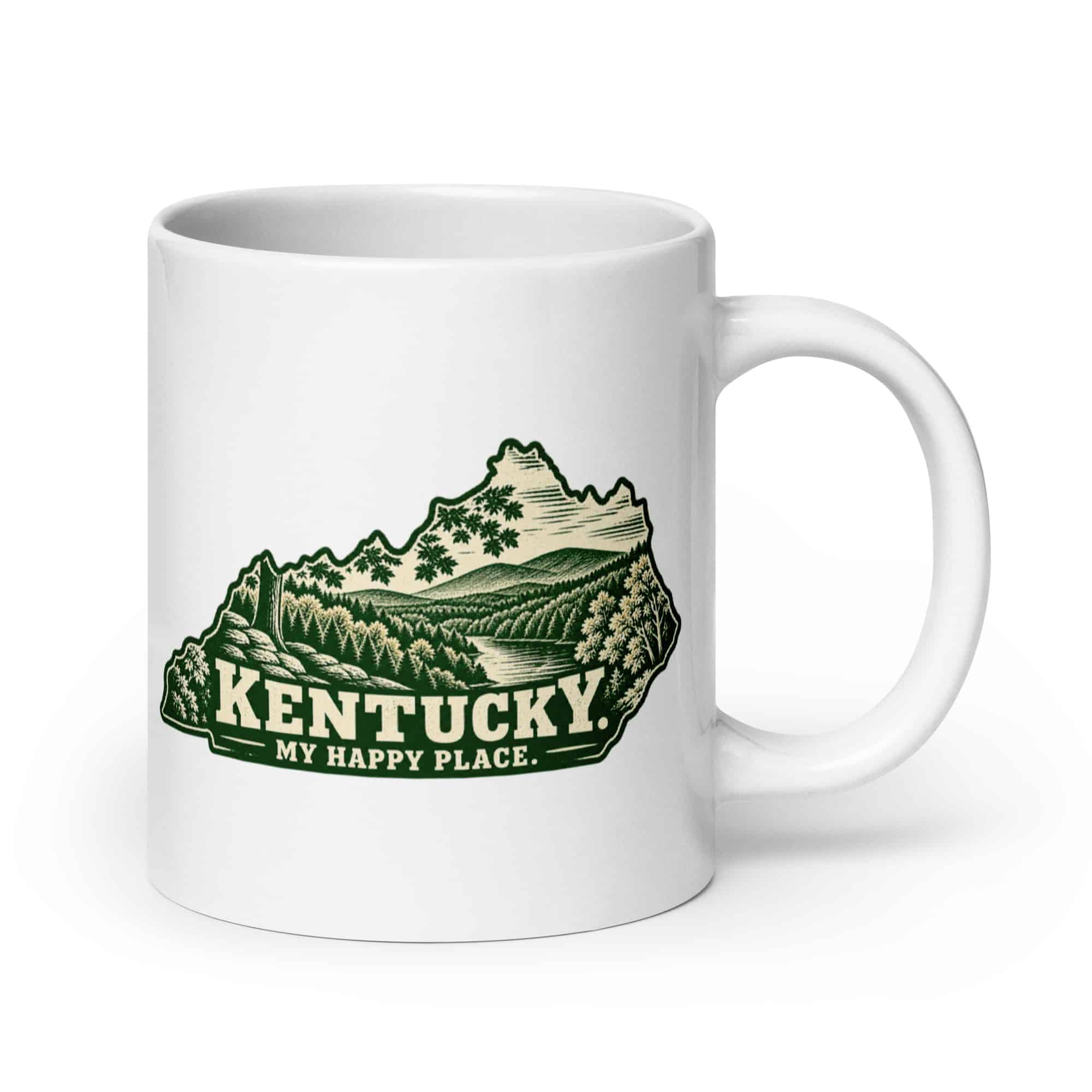 Kentucky White Ceramic Coffee Mug: Autumn woodland, Woodcut Kentucky Silhouette