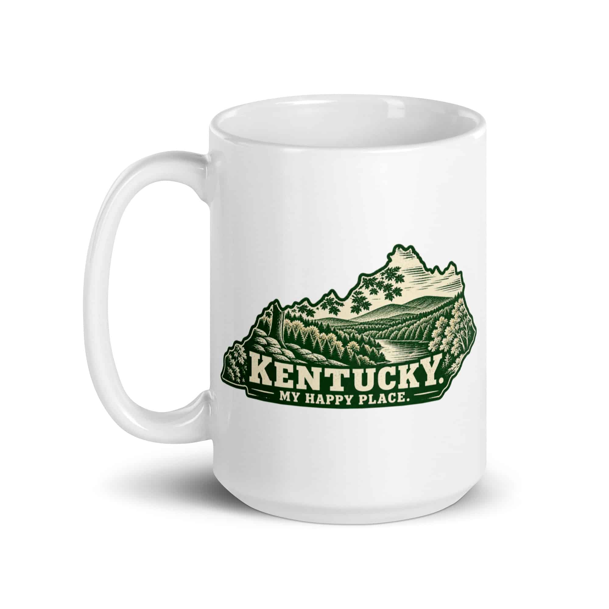 Kentucky White Ceramic Coffee Mug: Autumn woodland, Woodcut Kentucky Silhouette