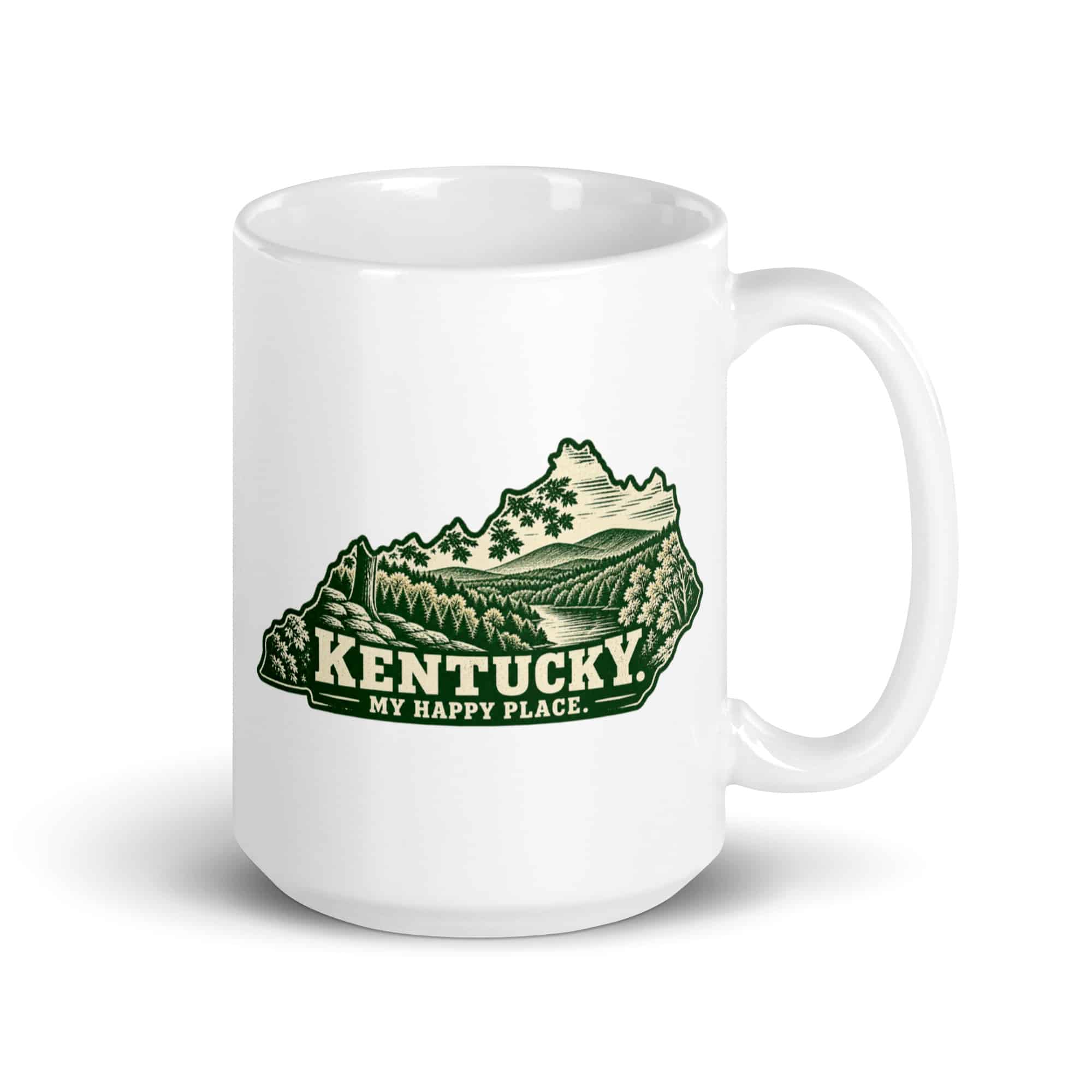 Kentucky White Ceramic Coffee Mug: Autumn woodland, Woodcut Kentucky Silhouette