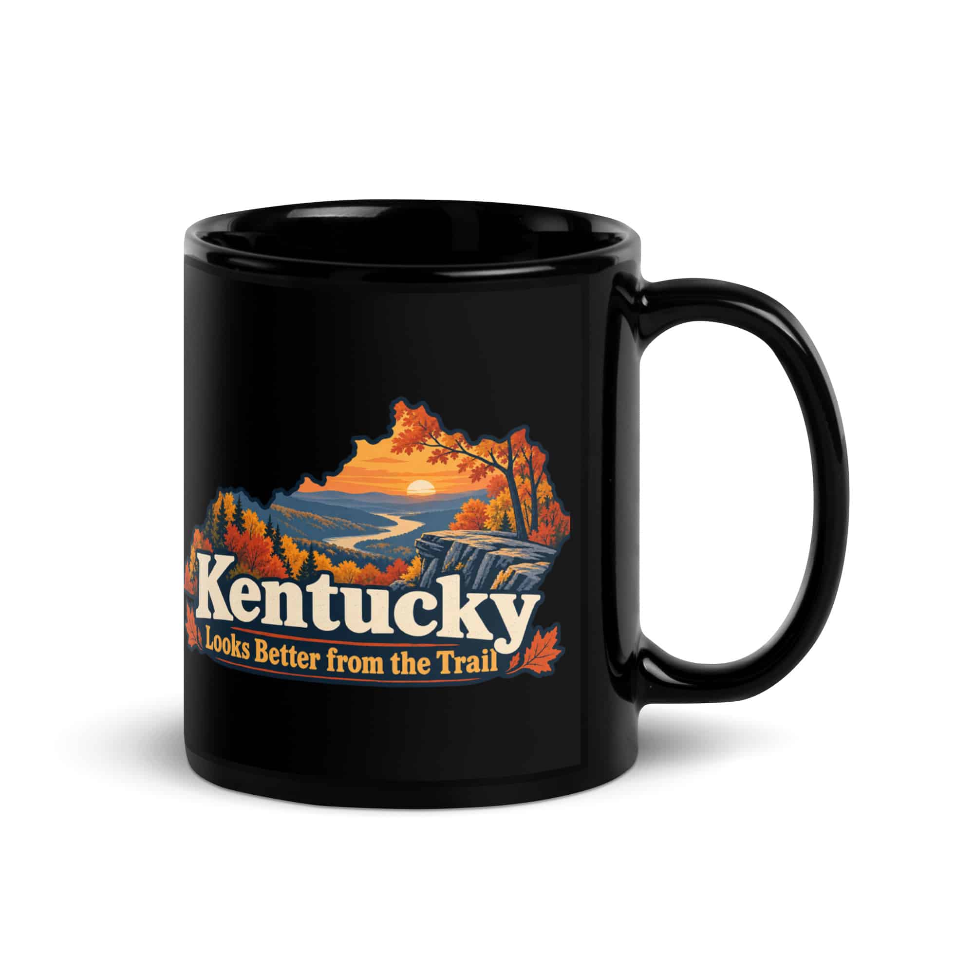 Kentucky Black Coffee Mug: Autumn woodland, Colorful Kentucky Silhouette