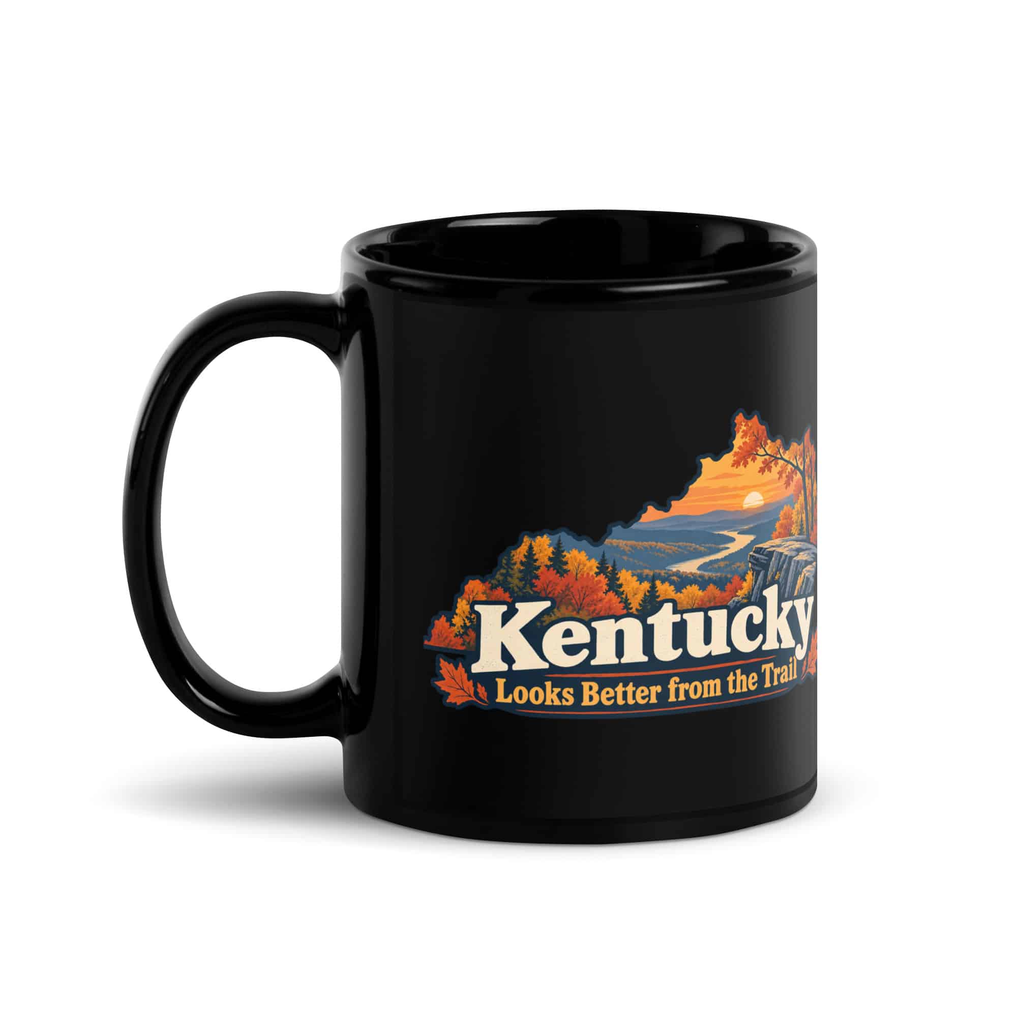 Kentucky Black Coffee Mug: Autumn woodland, Colorful Kentucky Silhouette