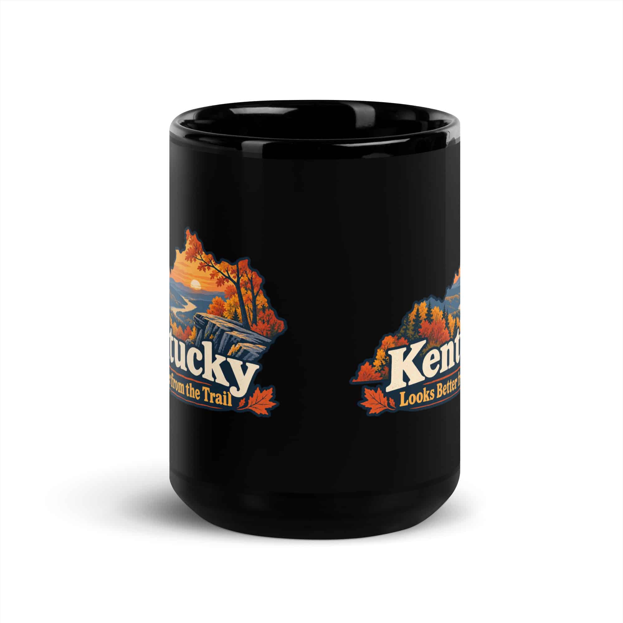 Kentucky Black Coffee Mug: Autumn woodland, Colorful Kentucky Silhouette