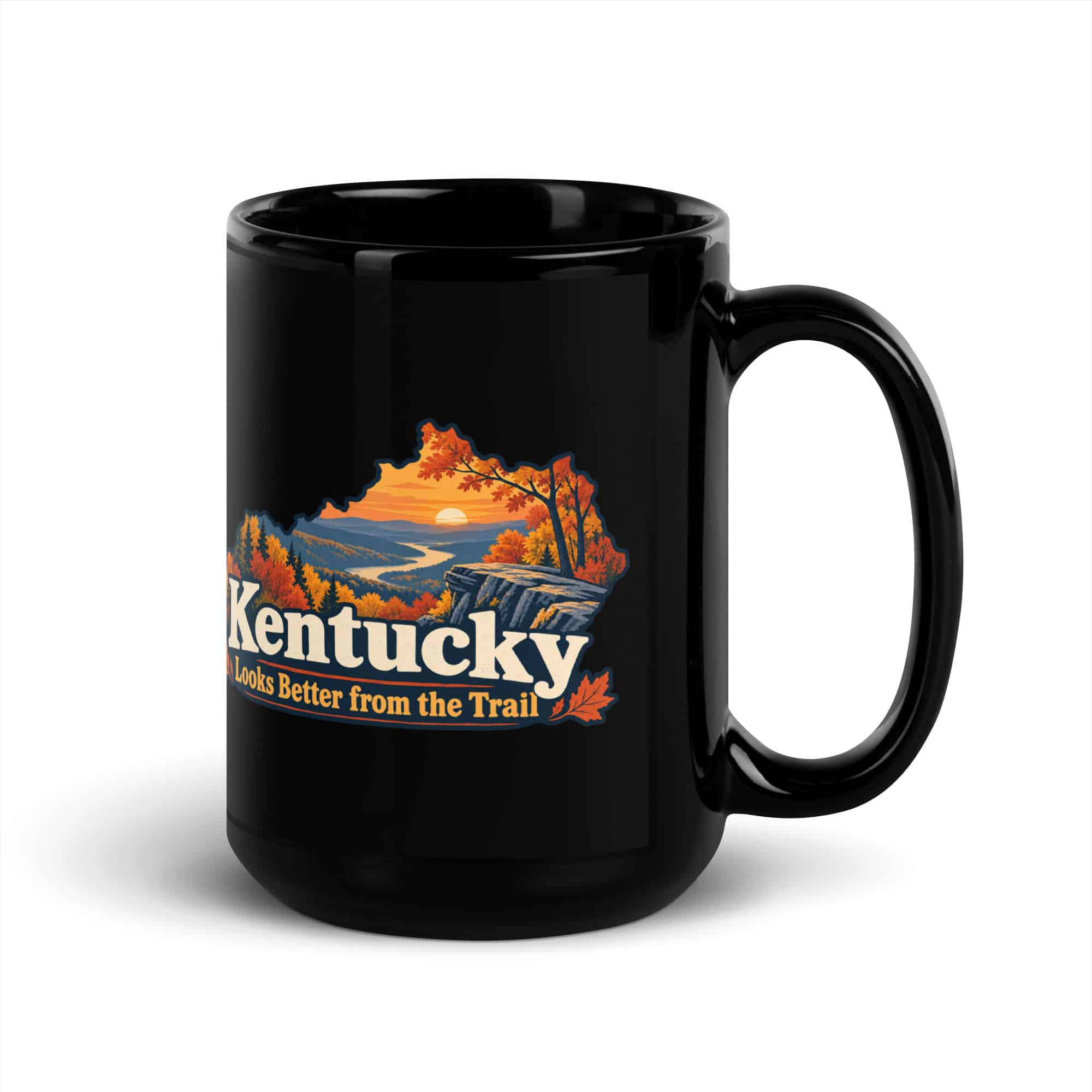 Kentucky Black Coffee Mug: Autumn woodland, Colorful Kentucky Silhouette
