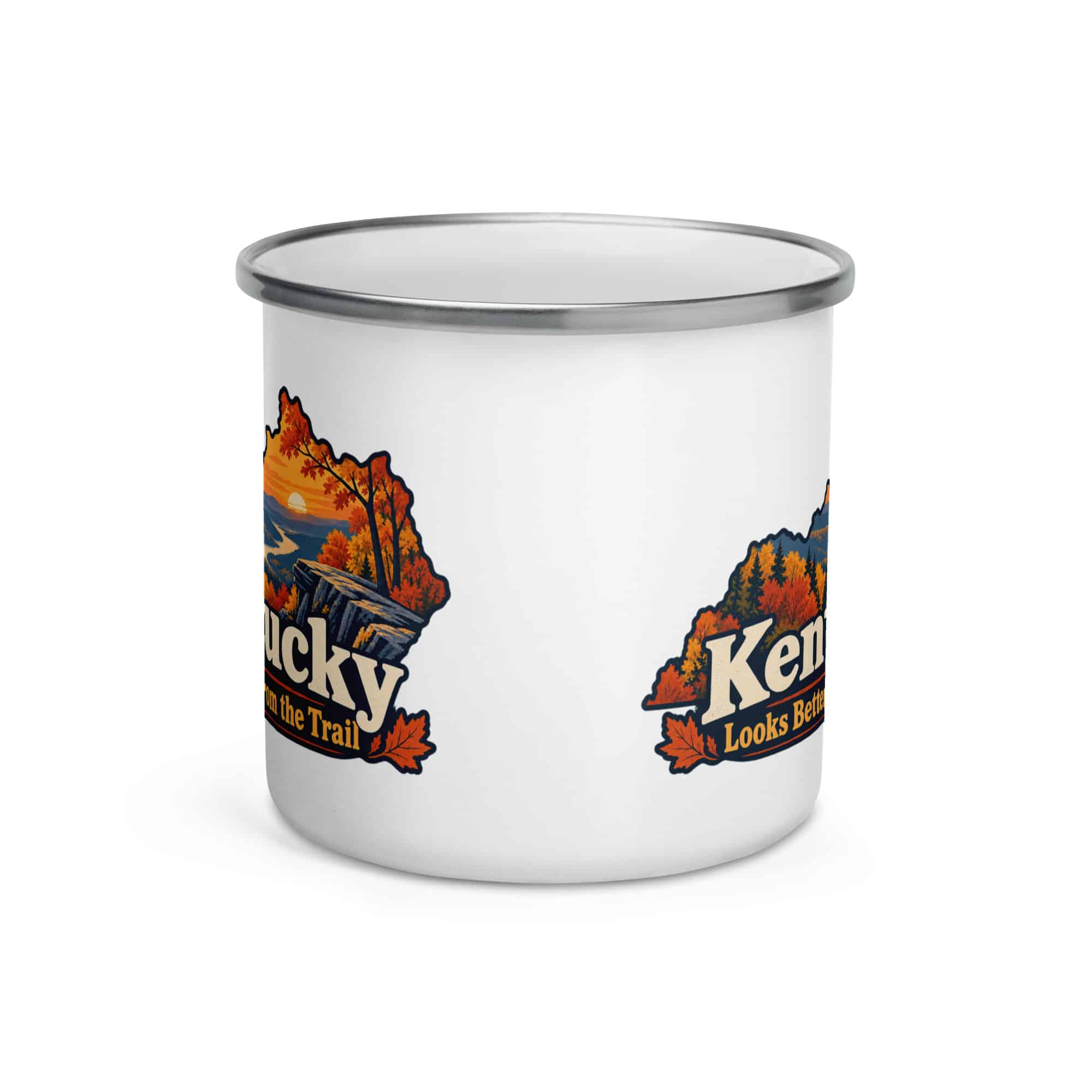 Kentucky Enamel Camp Mug: Autumn woodland, Colorful Kentucky Silhouette