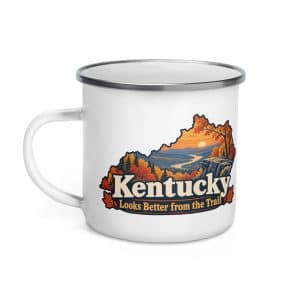 Kentucky Enamel Camp Mug: Autumn woodland, Colorful Kentucky Silhouette - 12 oz - Left