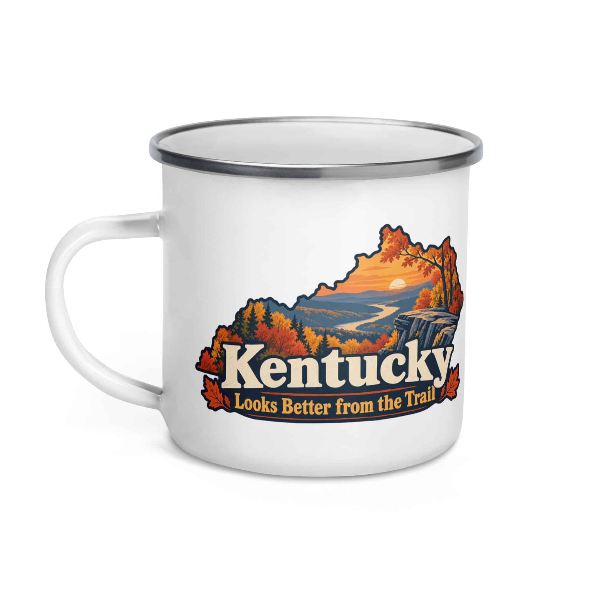 Kentucky Enamel Camp Mug: Autumn woodland, Colorful Kentucky Silhouette
