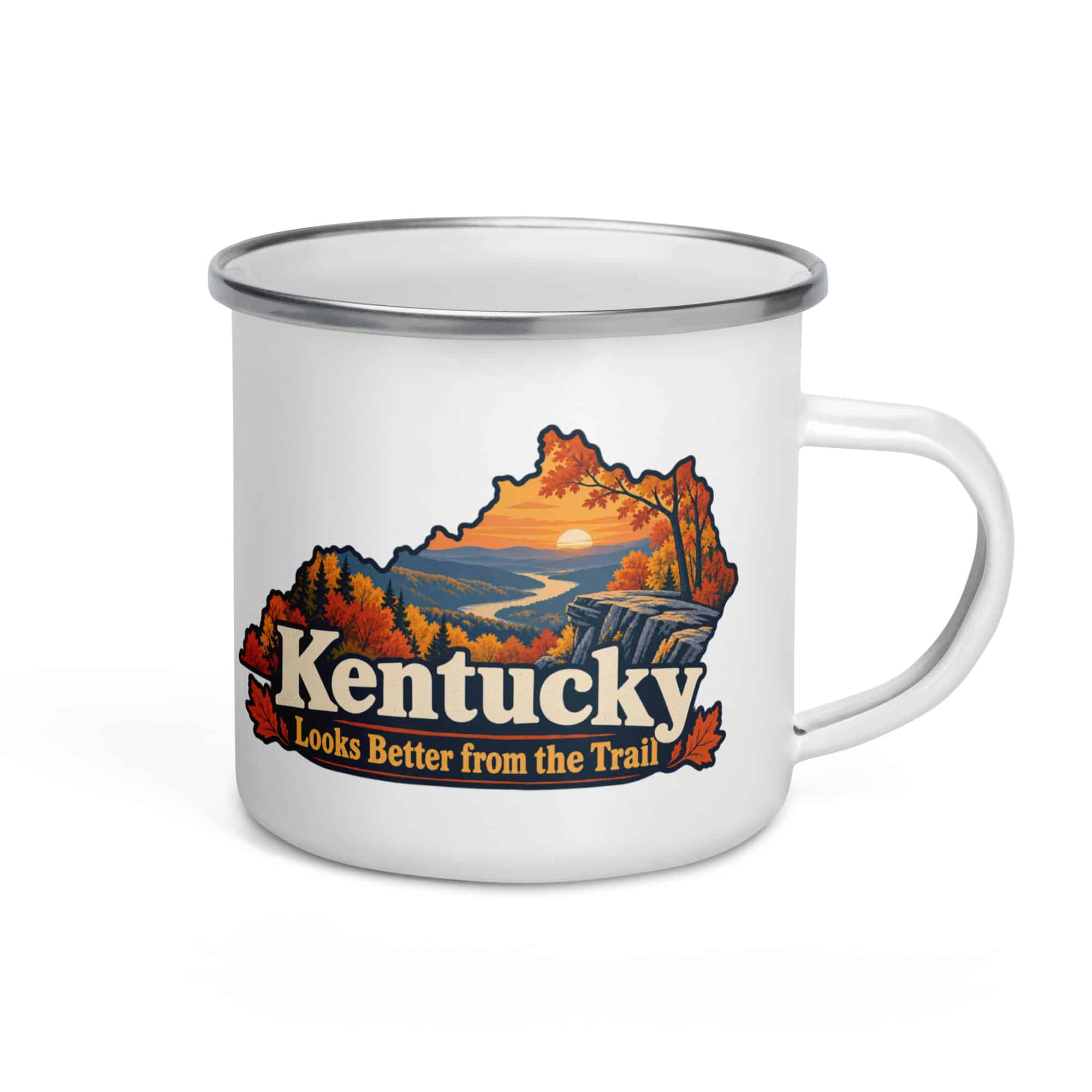 Kentucky Enamel Camp Mug: Autumn woodland, Colorful Kentucky Silhouette