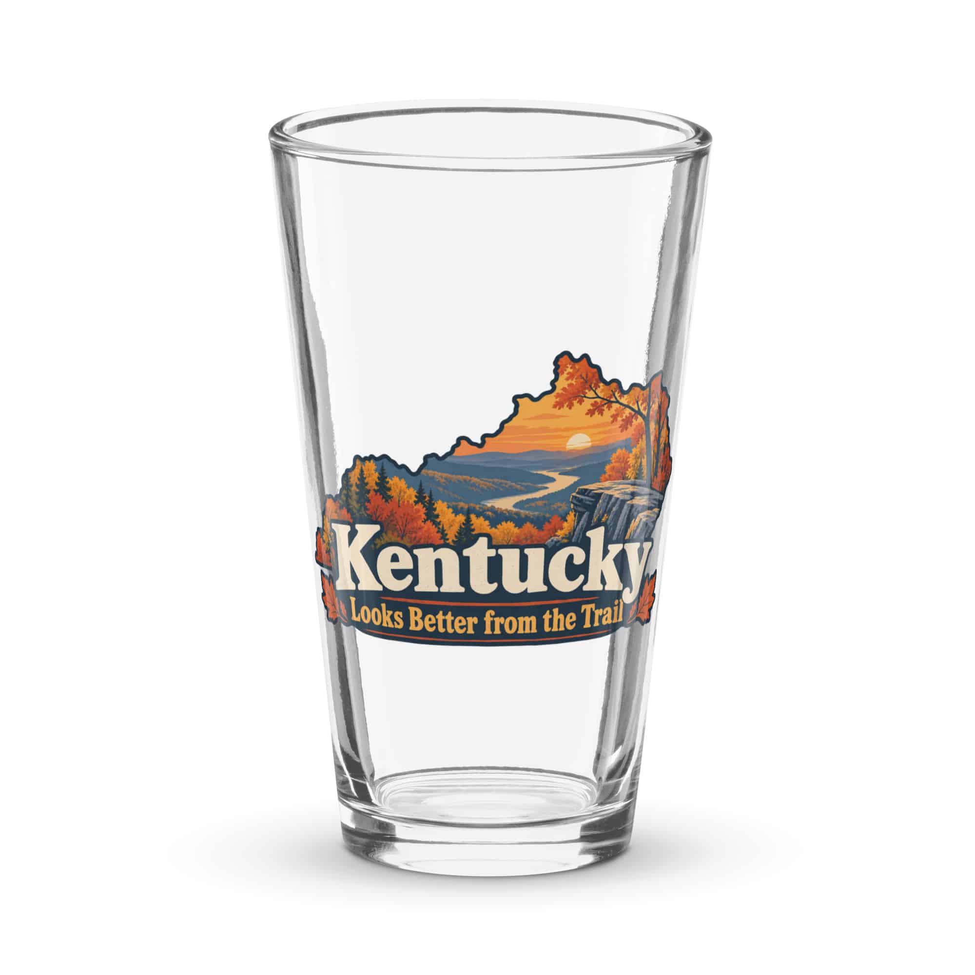 Kentucky Pint Glass: Autumn woodland, Colorful Kentucky Silhouette