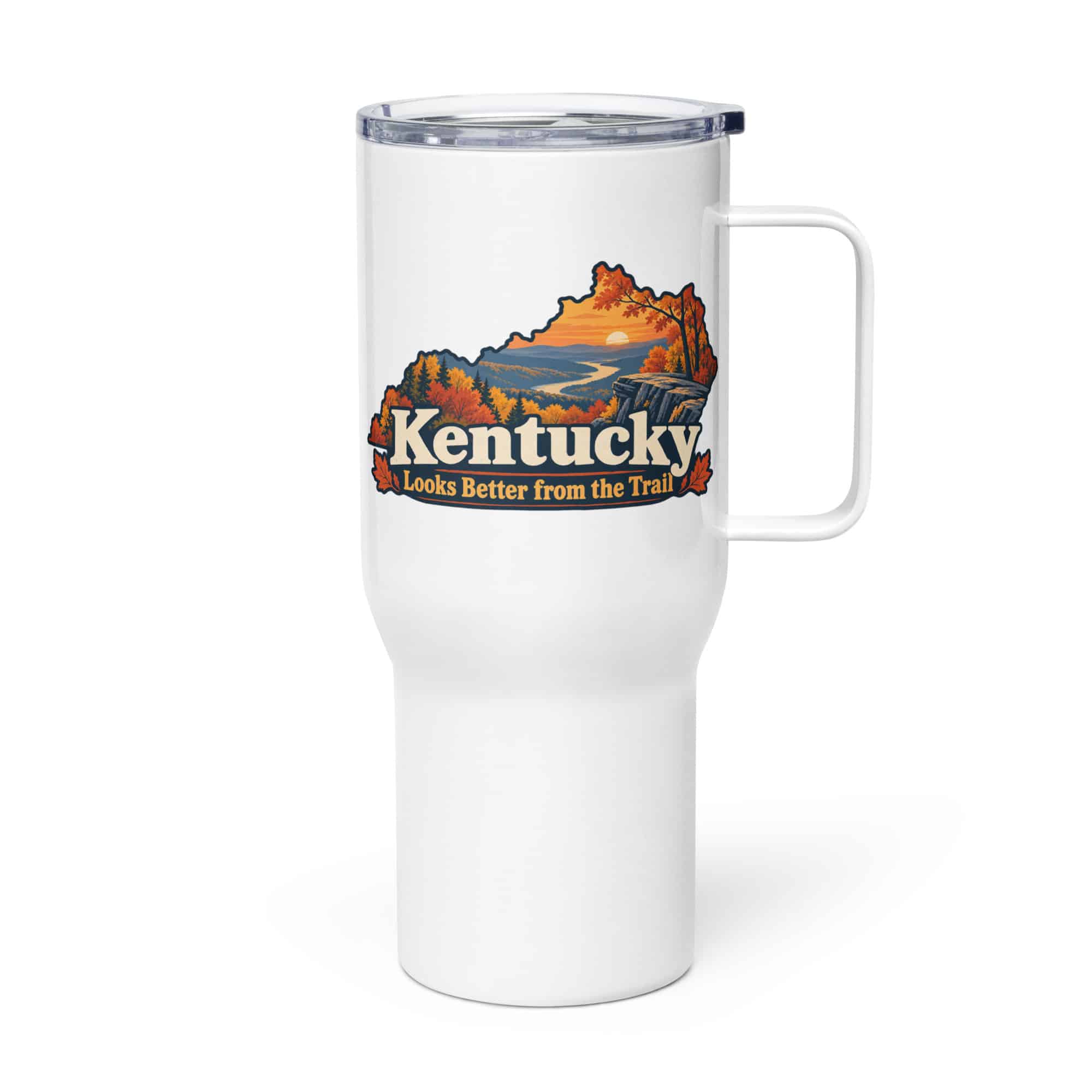 Kentucky Travel Mug: Autumn woodland, Colorful Kentucky Silhouette
