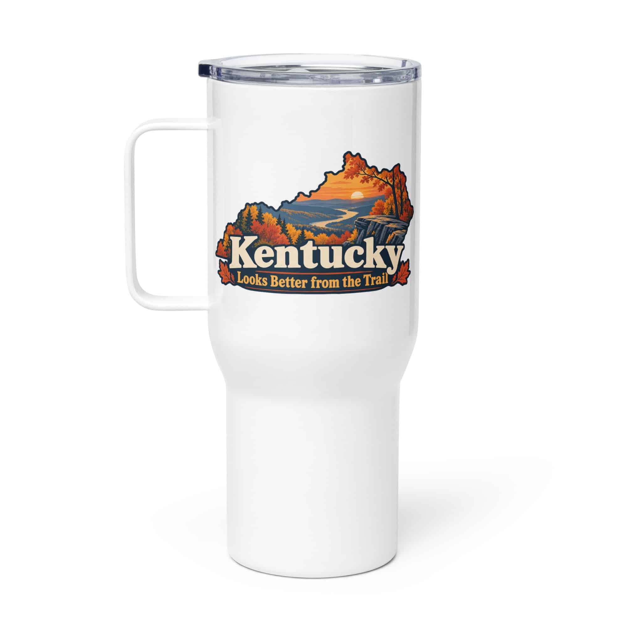Kentucky Travel Mug: Autumn woodland, Colorful Kentucky Silhouette