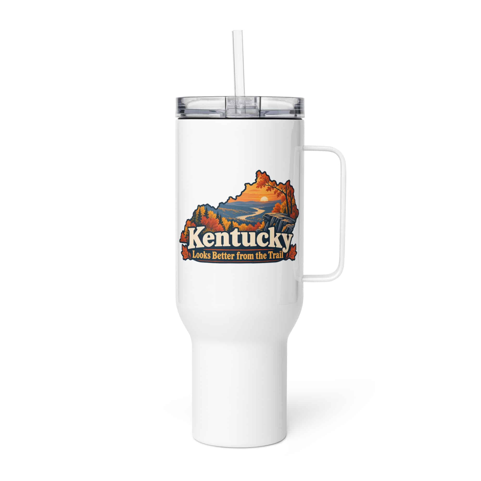 Kentucky Travel Mug: Autumn woodland, Colorful Kentucky Silhouette