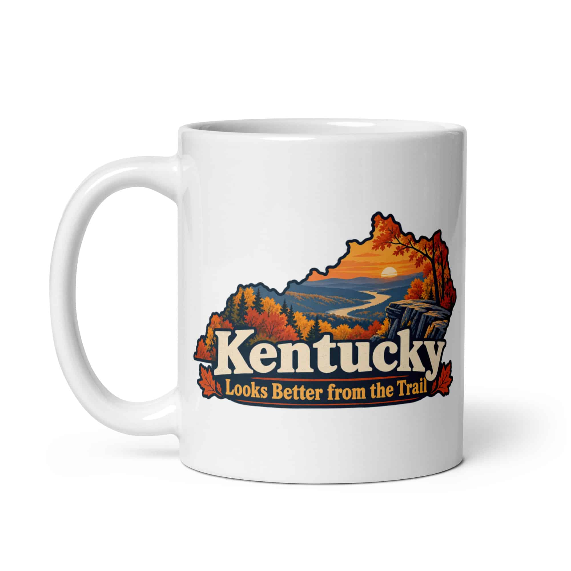 Kentucky White Ceramic Coffee Mug: Autumn woodland, Colorful Kentucky Silhouette